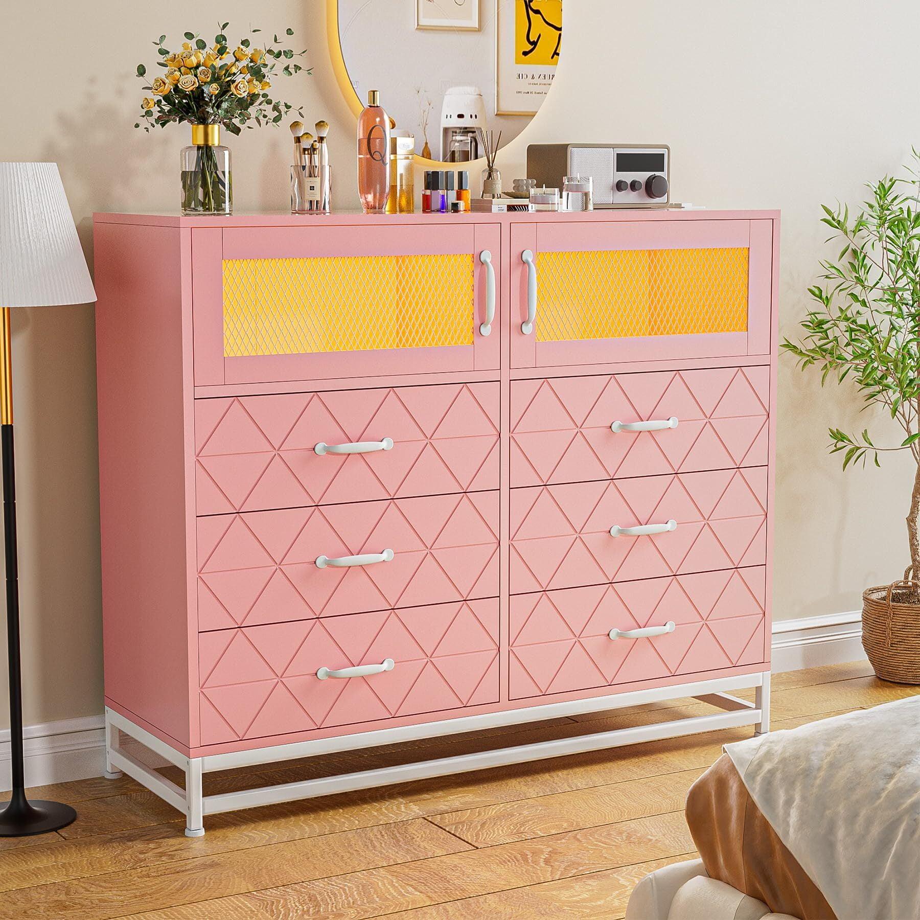 Dresser for Bedroom with LED Lights and Charging Station, Wooden 6 Drawer Double Dresser with 2 Doors, Modern Chest of Drawers for Bedroom, Entryway, Hallway, Pink