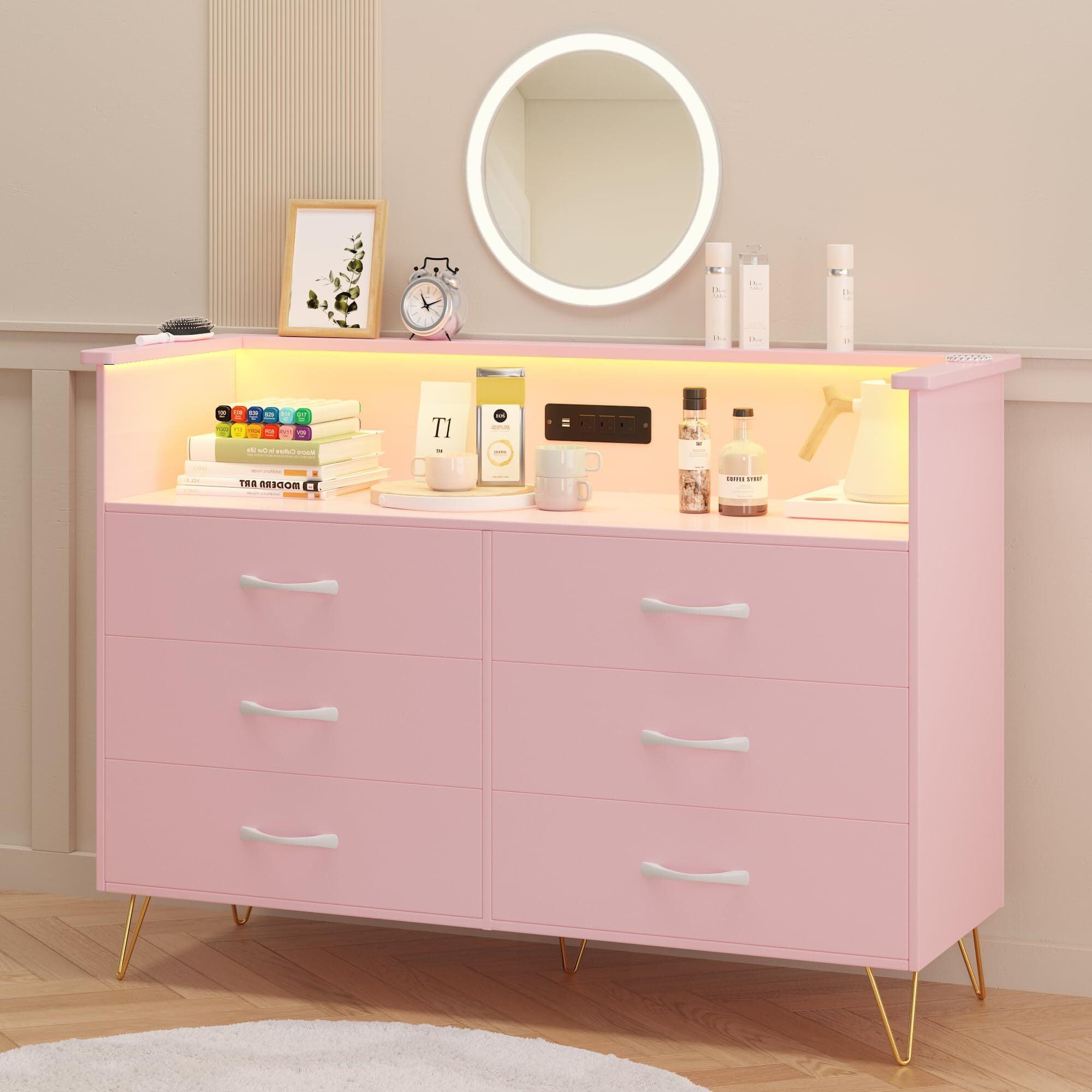 Pink MDF Double Wide Dresser with LED Light and Power Outlet