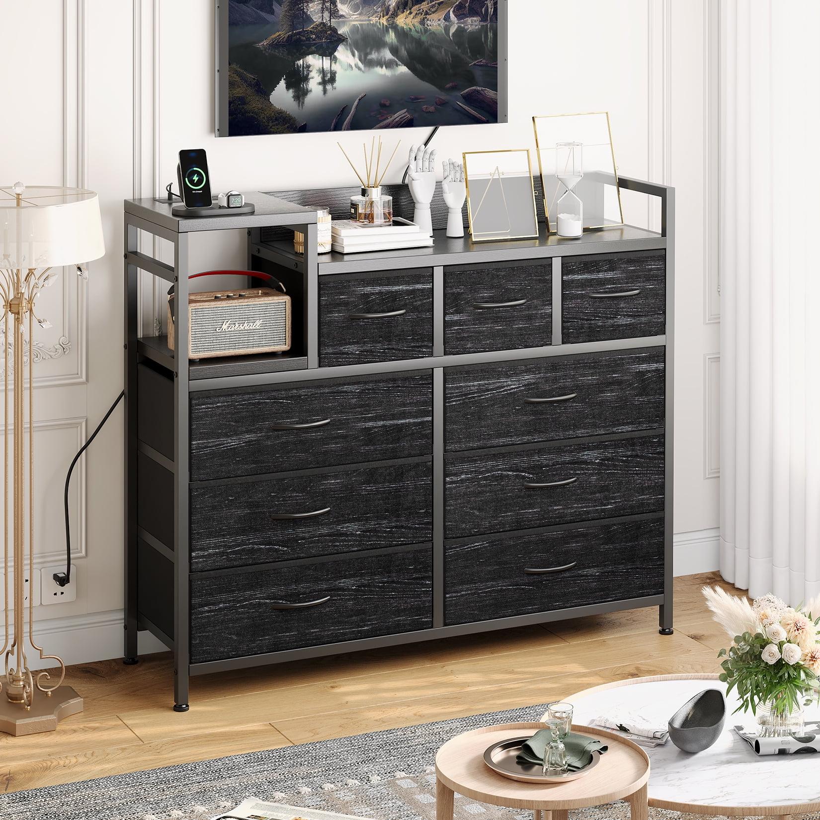 TROPOW TV Stand with Charging Station, Bedroom Dresser for Living Room TV Stand with 9 Drawers, Vintage,Black