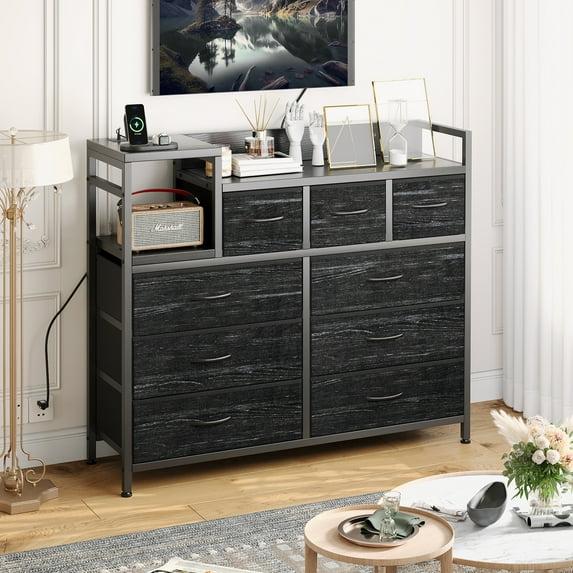 TROPOW TV Stand with Charging Station, Bedroom Dresser for Living Room TV Stand with 9 Drawers, Vintage,Black
