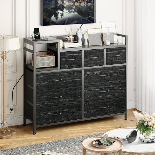 TROPOW TV Stand with Charging Station, Bedroom Dresser for Living Room TV Stand with 9 Drawers, Vintage,Black