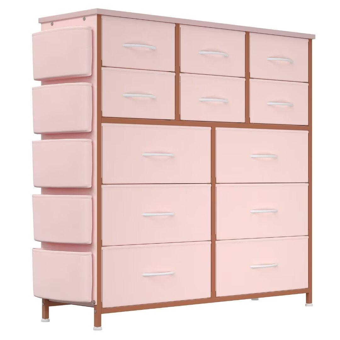 Dresser for Bedroom with 12 Drawer, Storage Organizer Unit with Fabric, Metal Frame, Wood Tabletop, Pink