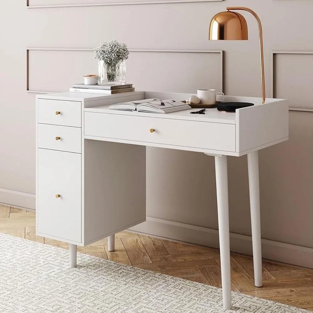 Daisy White Wood Vanity Dressing Table with Brass Accent Knobs