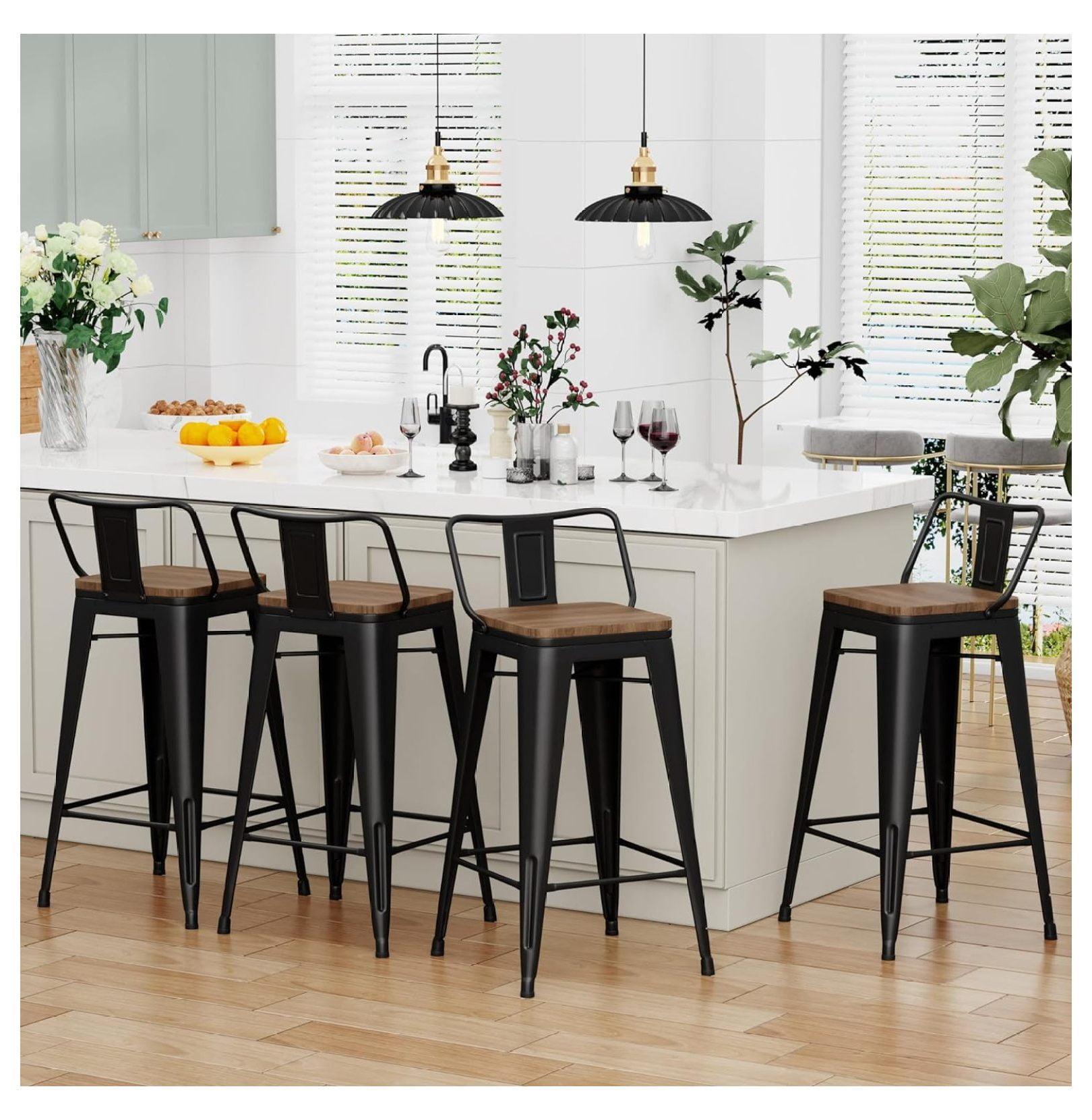 Andeworld bar stools with backs set of 4 Counter Bar Stools with Wood metal stools Black. 24 inch Short