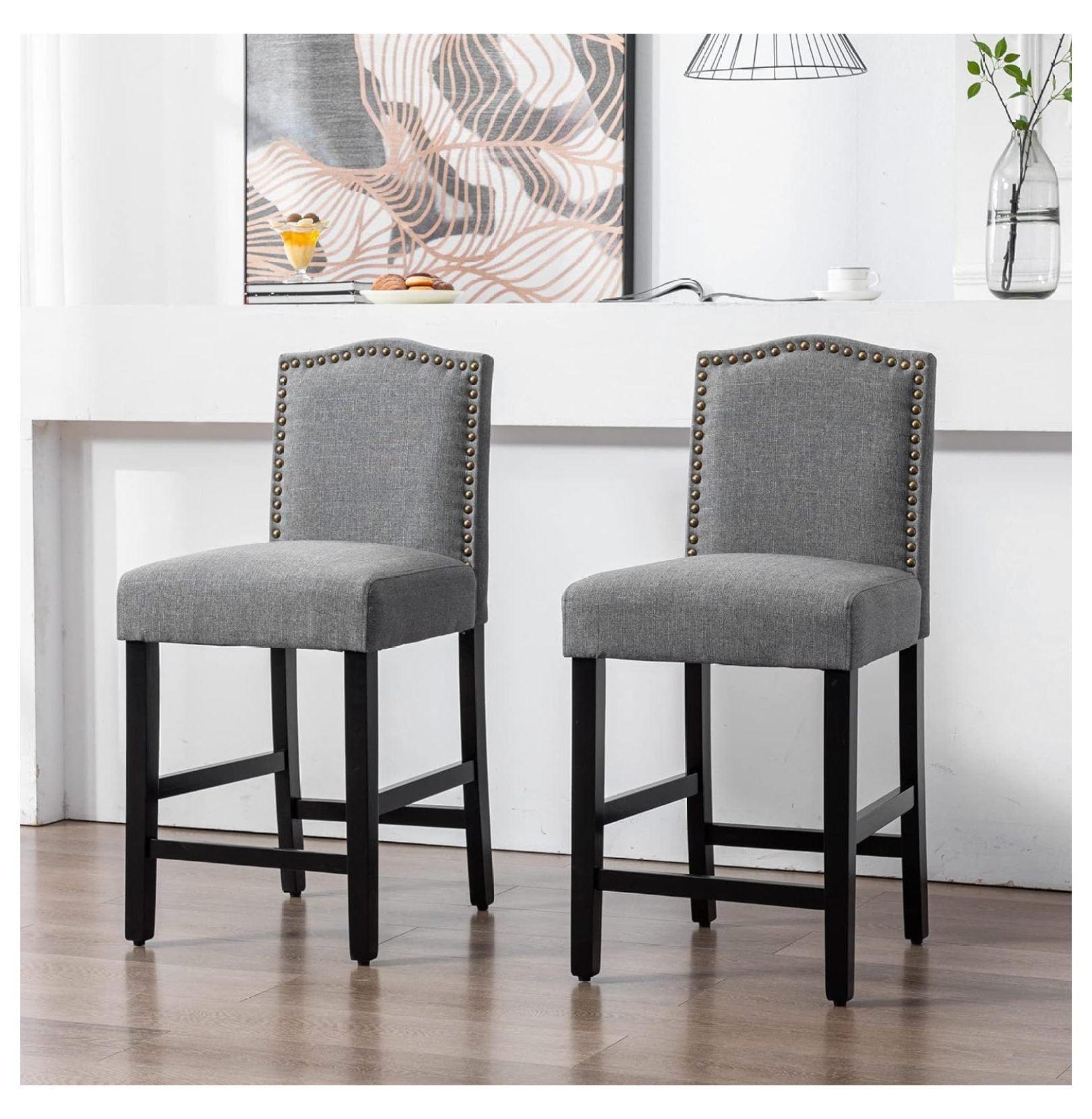 Drevy Bar Stools Set of 2, 24 inch Kitchen Island Wood Bar Chairs, Fabric Counter Height bar Stool, Upholstered Barstools, Grey