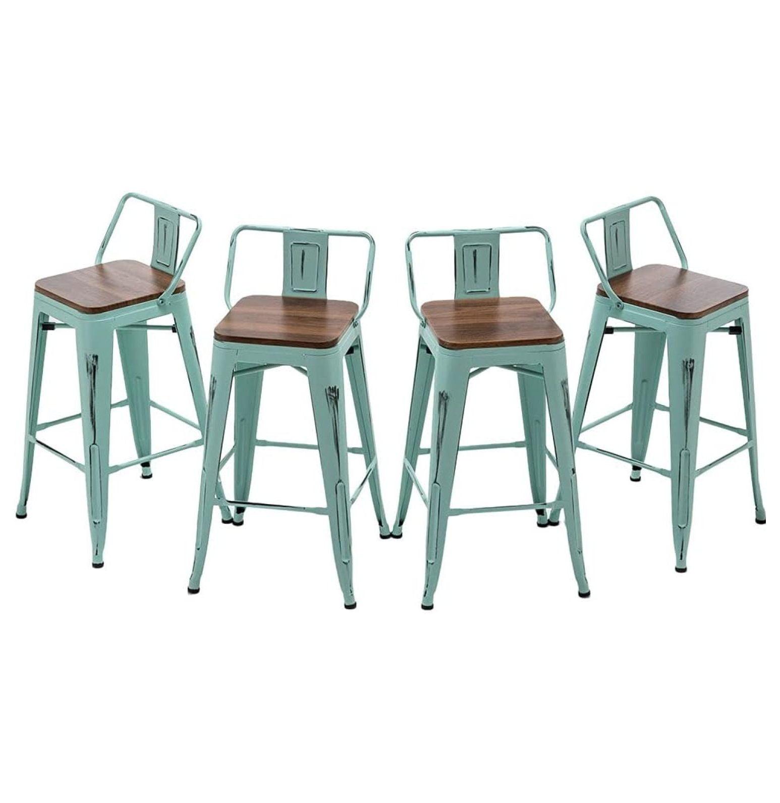 Andeworld Bar Stools Set of 4 Counter Height Stools Industrial Metal Barstools with Wooden Seats( 24 Inch, Distressed Green Blue)