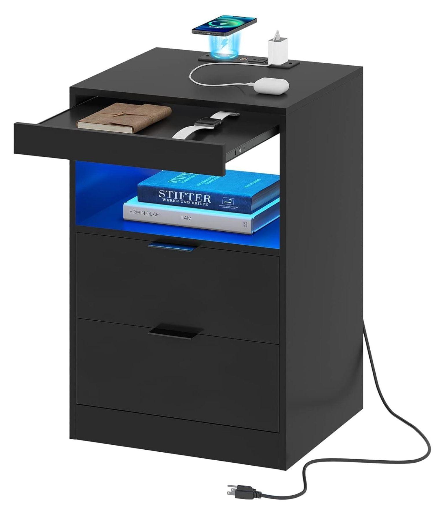 Exlonjet Black Nightstand with Wireless Charging Station and LED Lights, Bedside Table with 2 Drawers, Open Storage, 1 Pull-Out Tray, End Side Table with Charging Station, LED Night Stand with Storage