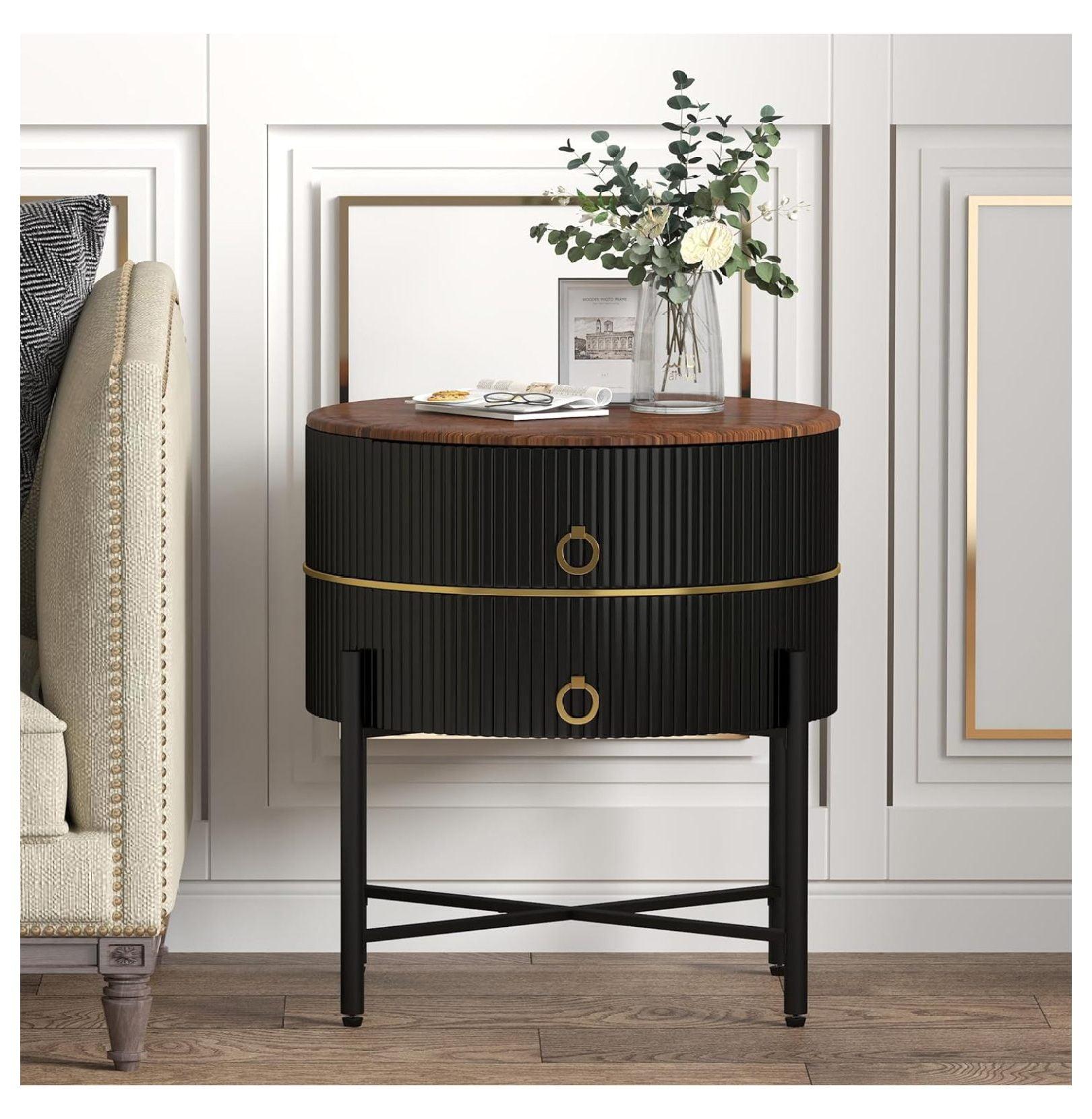 Drevy Black Round Side Table for Living Room, Modern End Table with 2 Drawers, Metal Legs Nightstand for Bedroom, Black & Brown