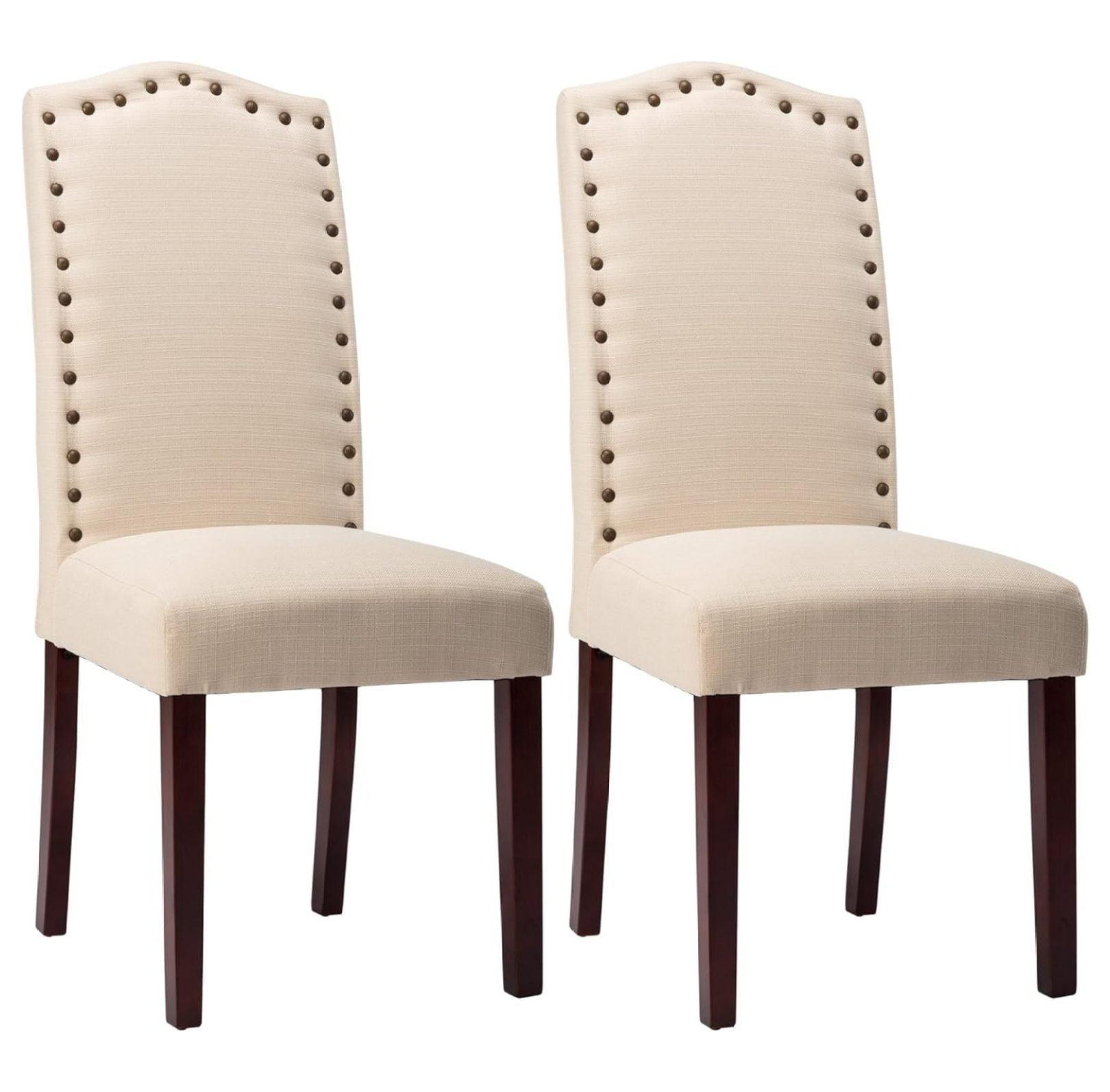 Beige Linen Upholstered Parsons Side Chairs with Wood Legs, Set of 2