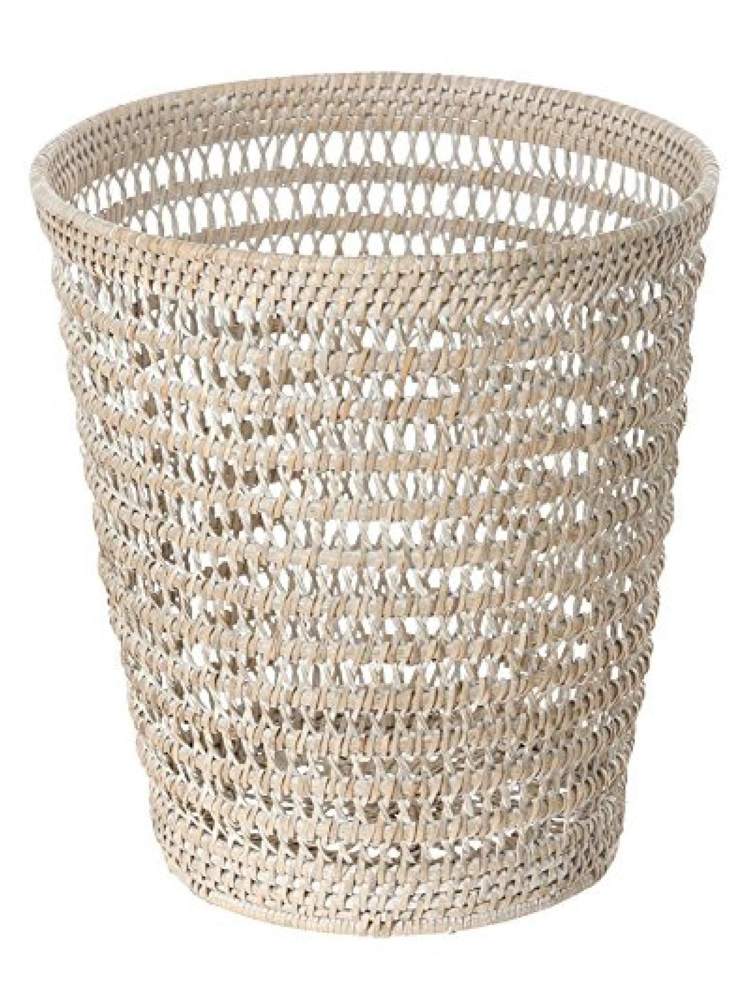 White Wash Rattan Mesh Round Waste Basket with Liner