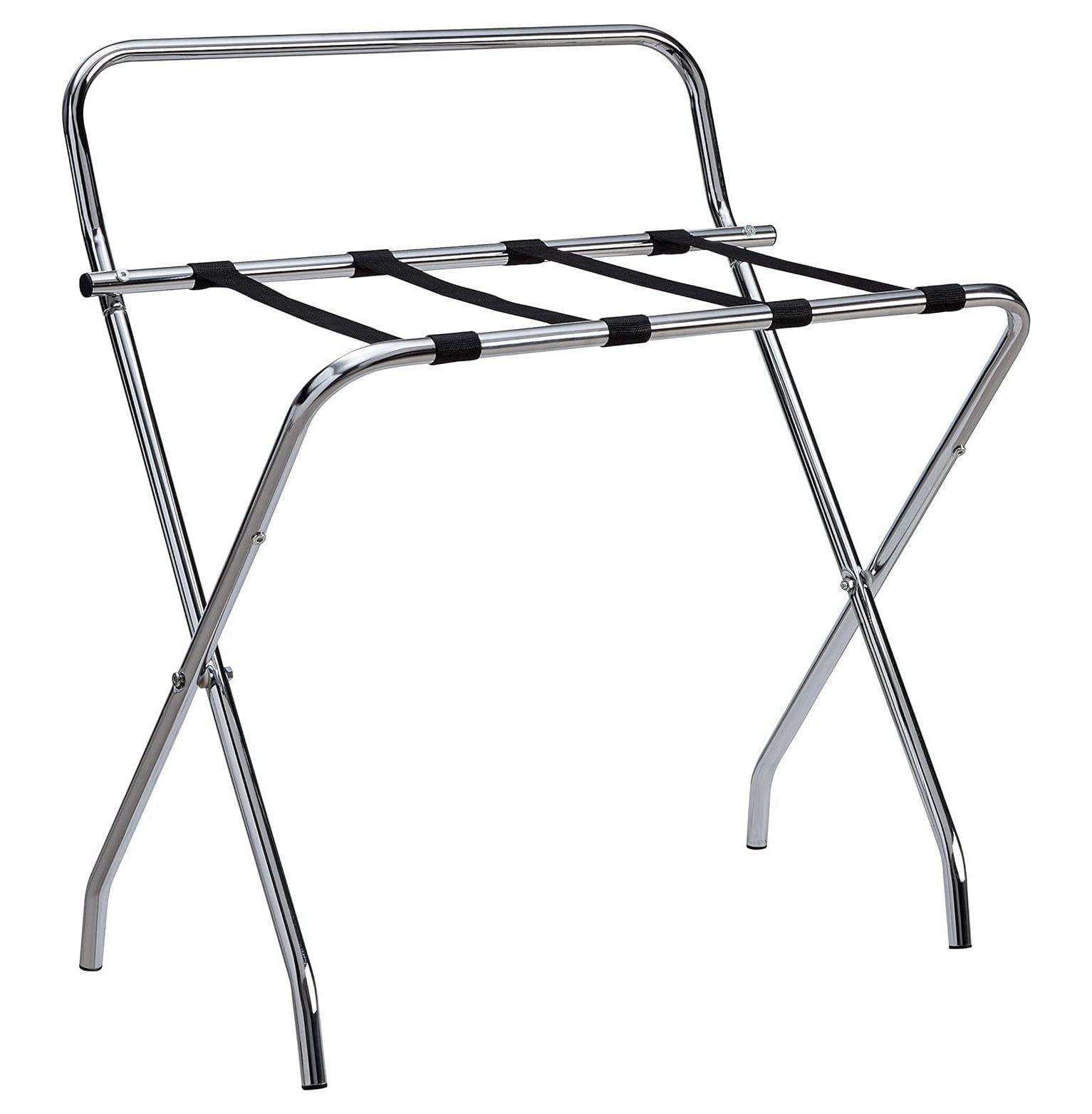 Chrome and Black Foldable Metal Luggage Rack with Back