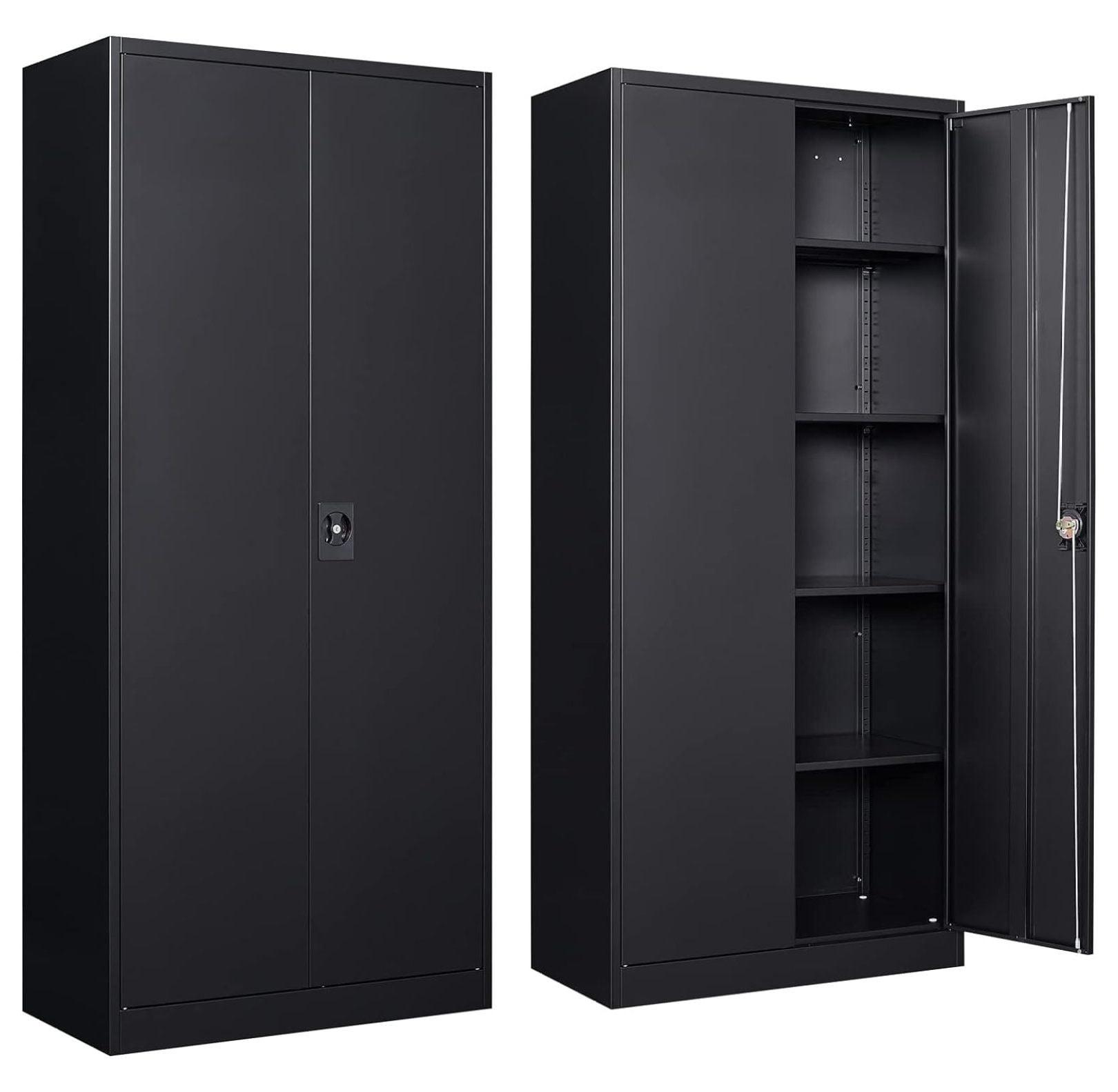 Black Steel Lockable Storage Cabinet with Adjustable Shelves, 72"