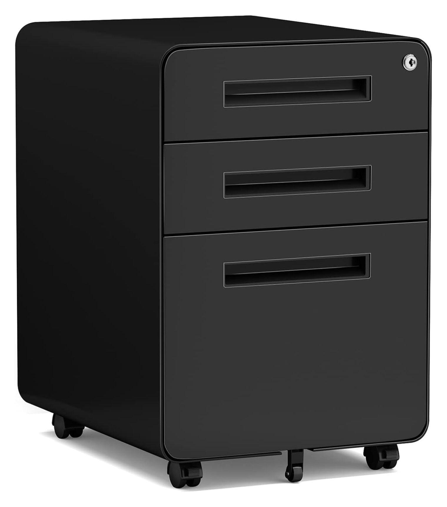 Keeomi Mobile Filing Cabinet 3 Drawer, Rolling Small File Cabinet with Keys Under Desk, Modern Black Filing Cabinet for Home Office with Anti-tilt Wheels, A4/Letter/Legal Hanging File Drawers