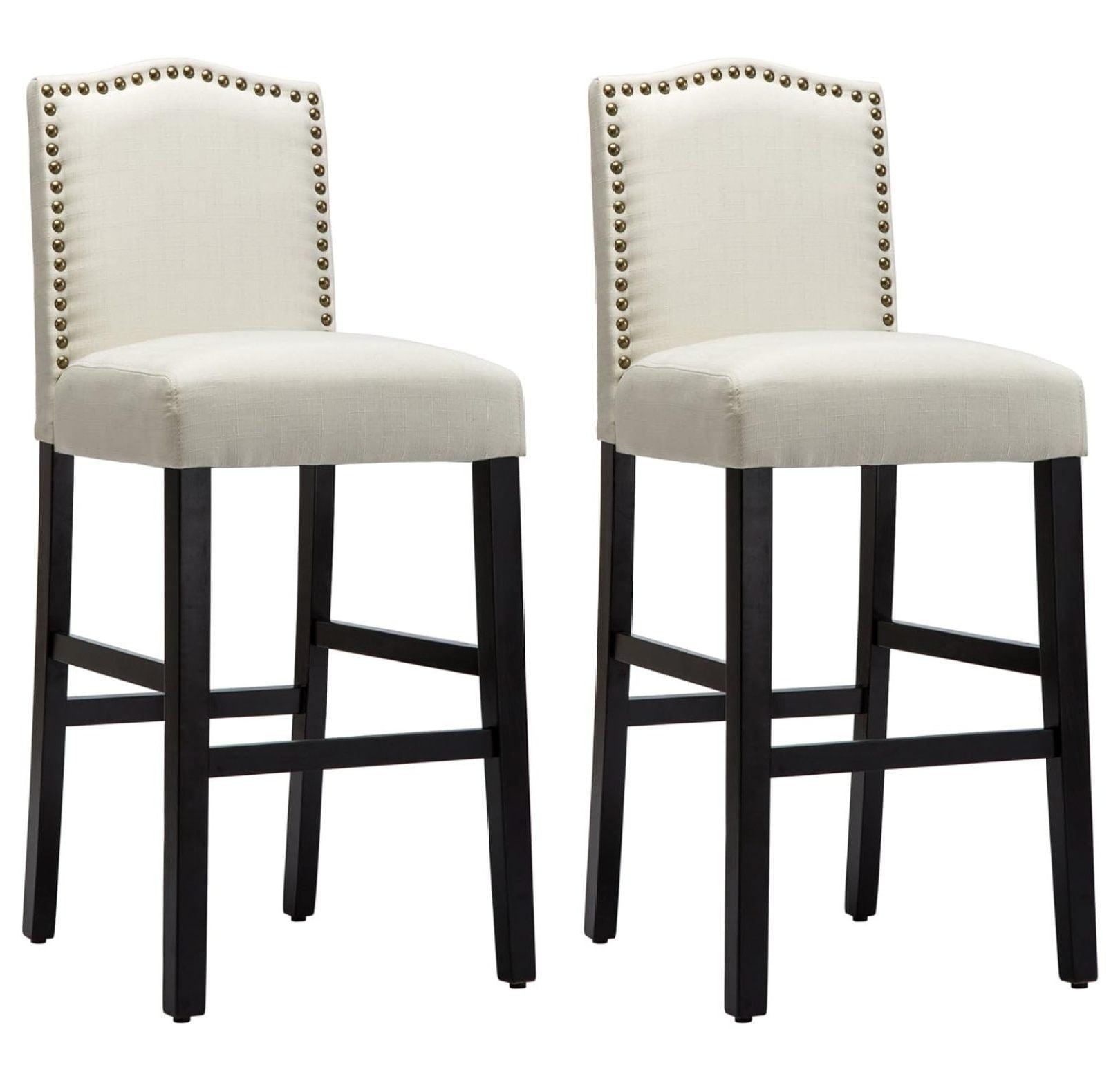 Beige Nailhead Studded Fabric Bar Stools with Wood Legs, Set of 2