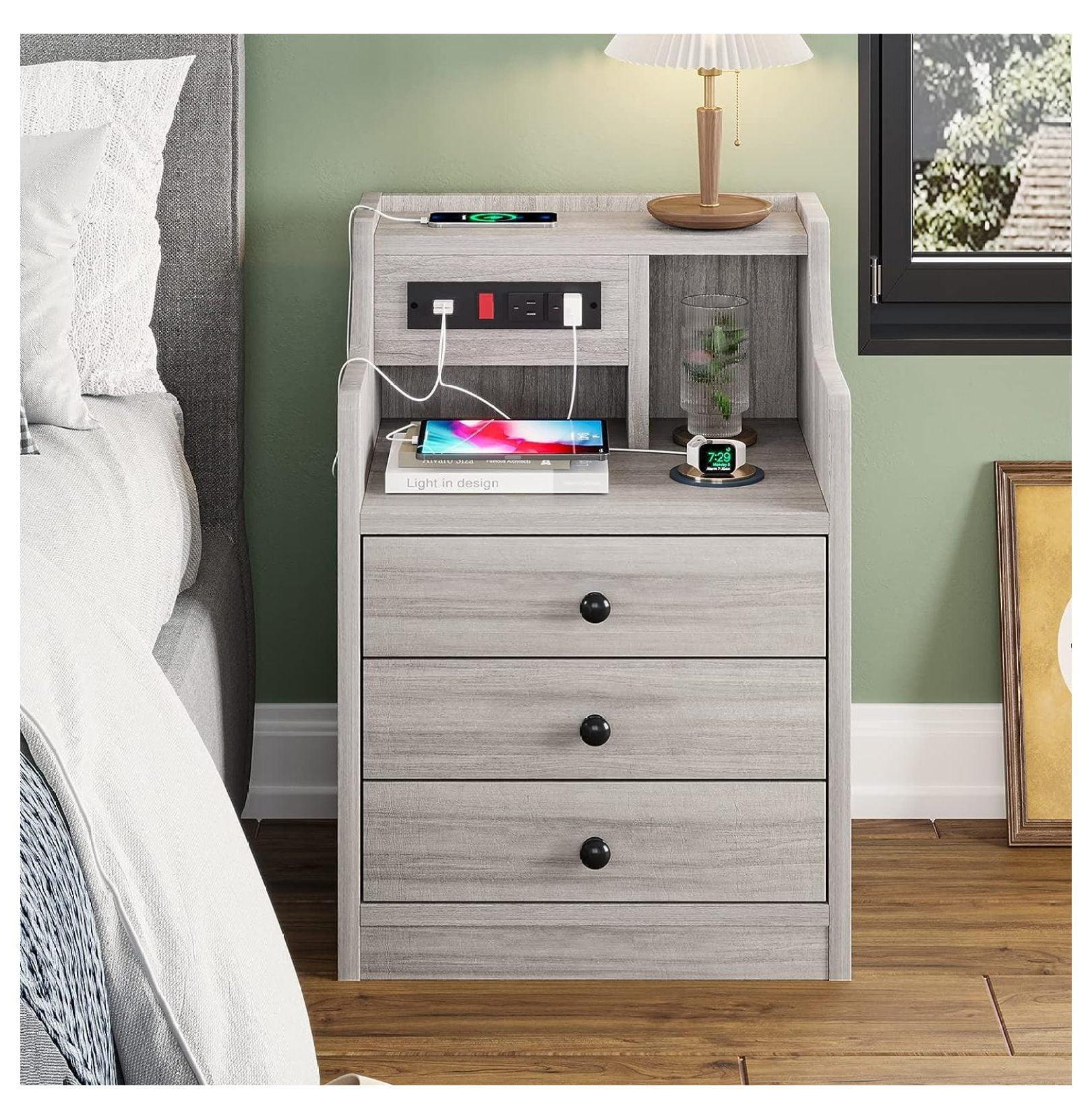 Drevy Nightstand with Charging Station, Night Stand with Hutch & Storage Drawers, End Table Side Table Bedroom,Grey