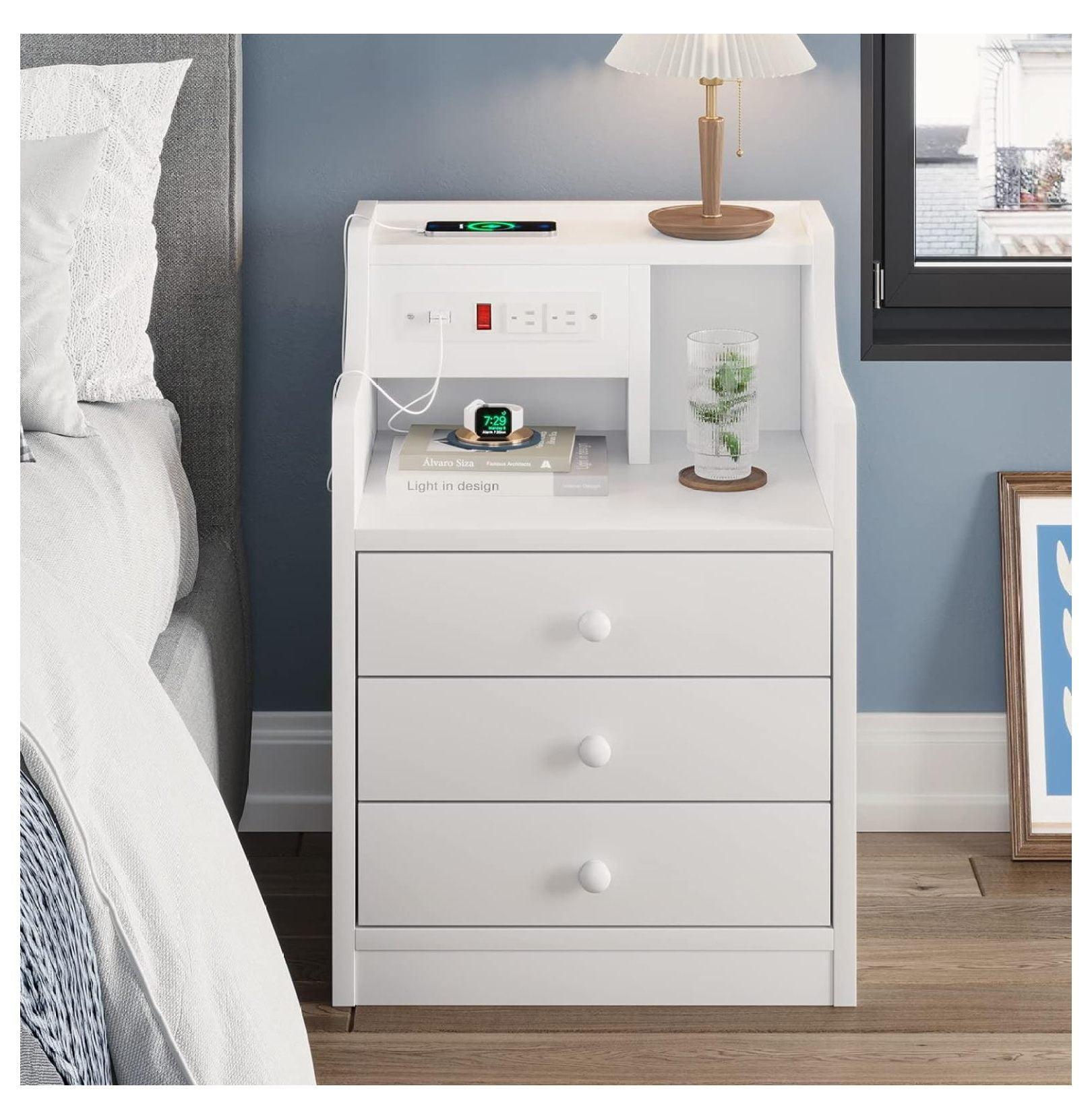 White 3-Drawer Nightstand with USB Ports and Outlets
