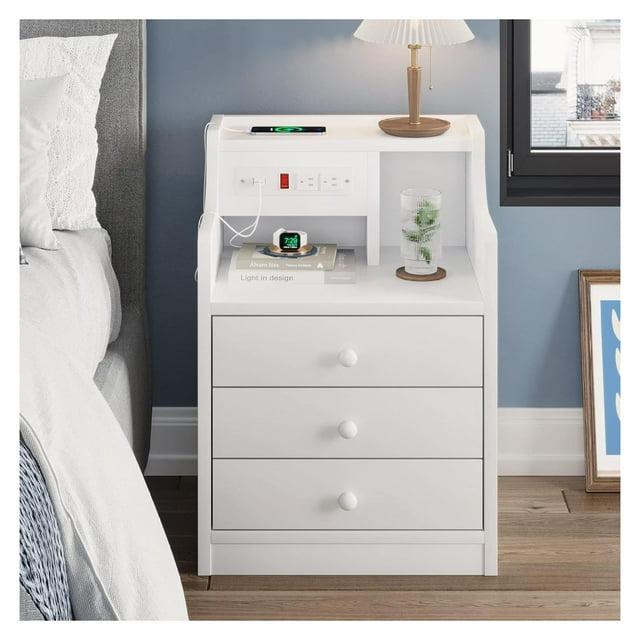 Night Stand with Hutch and 3 Drawers ,Nightstand with Charging Station and LED Lights,Modern End Side Table for Bedroom,White