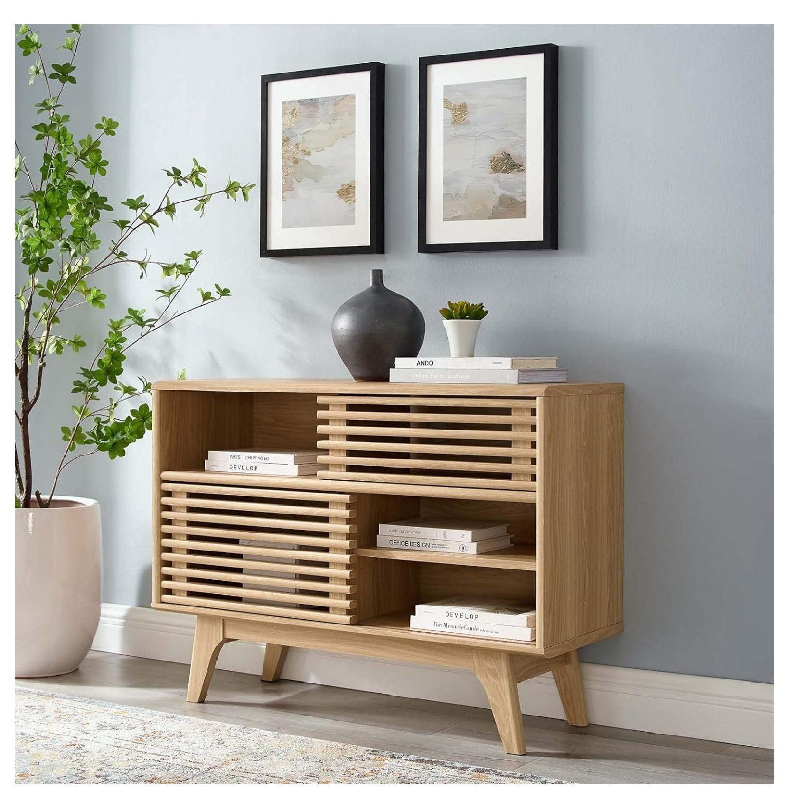 Mid-Century Oak Cabinet with Sliding Door