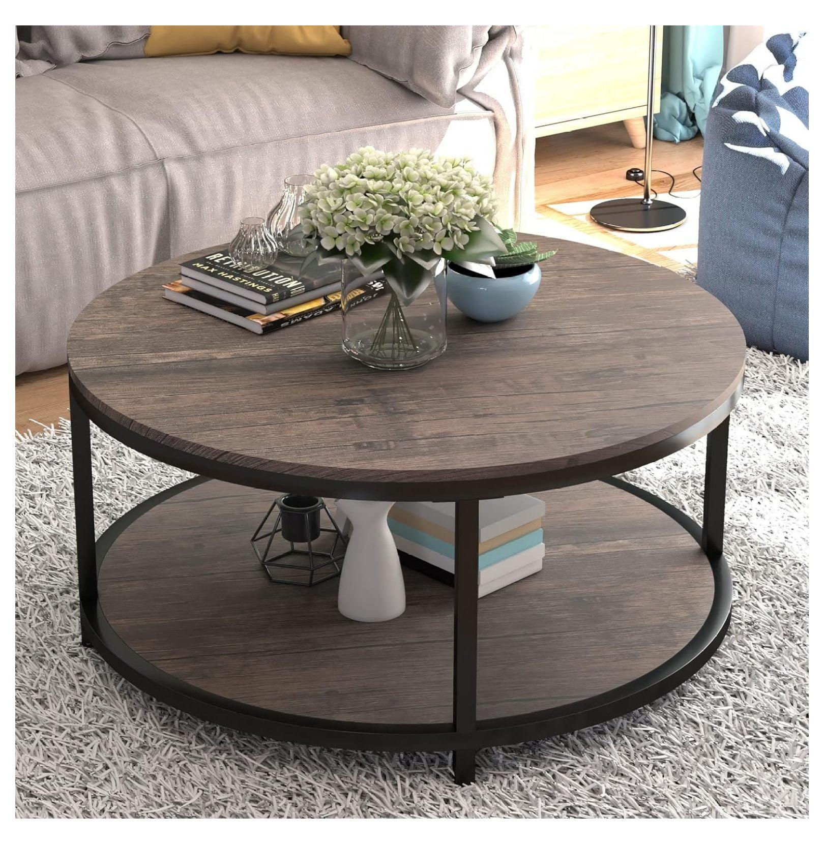 Drevy Round Coffee Table,36" Coffee Table for Living Room,2-Tier Rustic Wood Desktop with Storage Shelf Modern Design Home Furniture(Light Walnut)