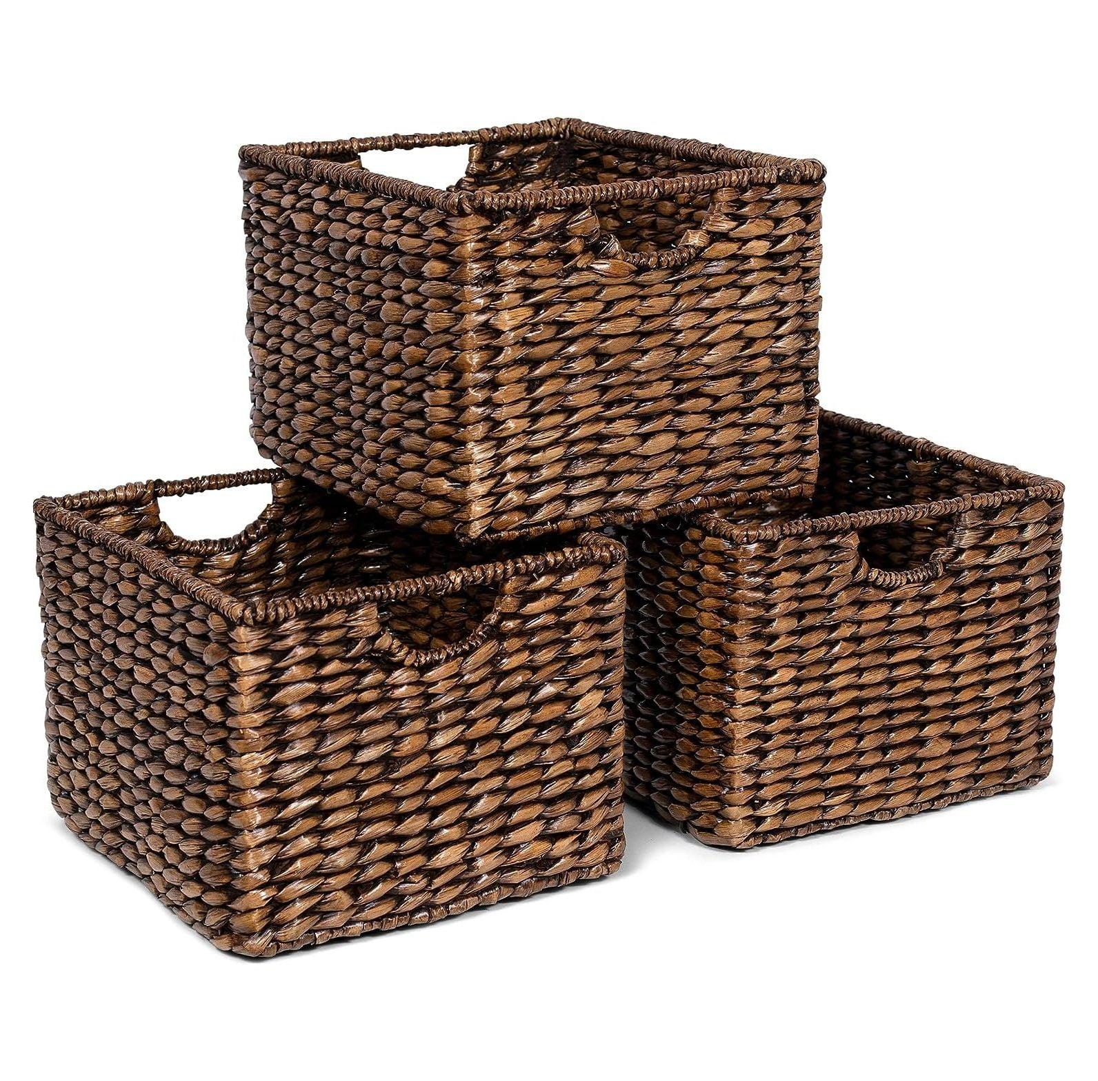 Storage Shelf Organizer Baskets with Handles - Set of 3 - Seagrass Wicker Basket - Pantry Living Room Office-Bathroom Shelves Organization - Under Shelf Basket - Handwoven (Natural)