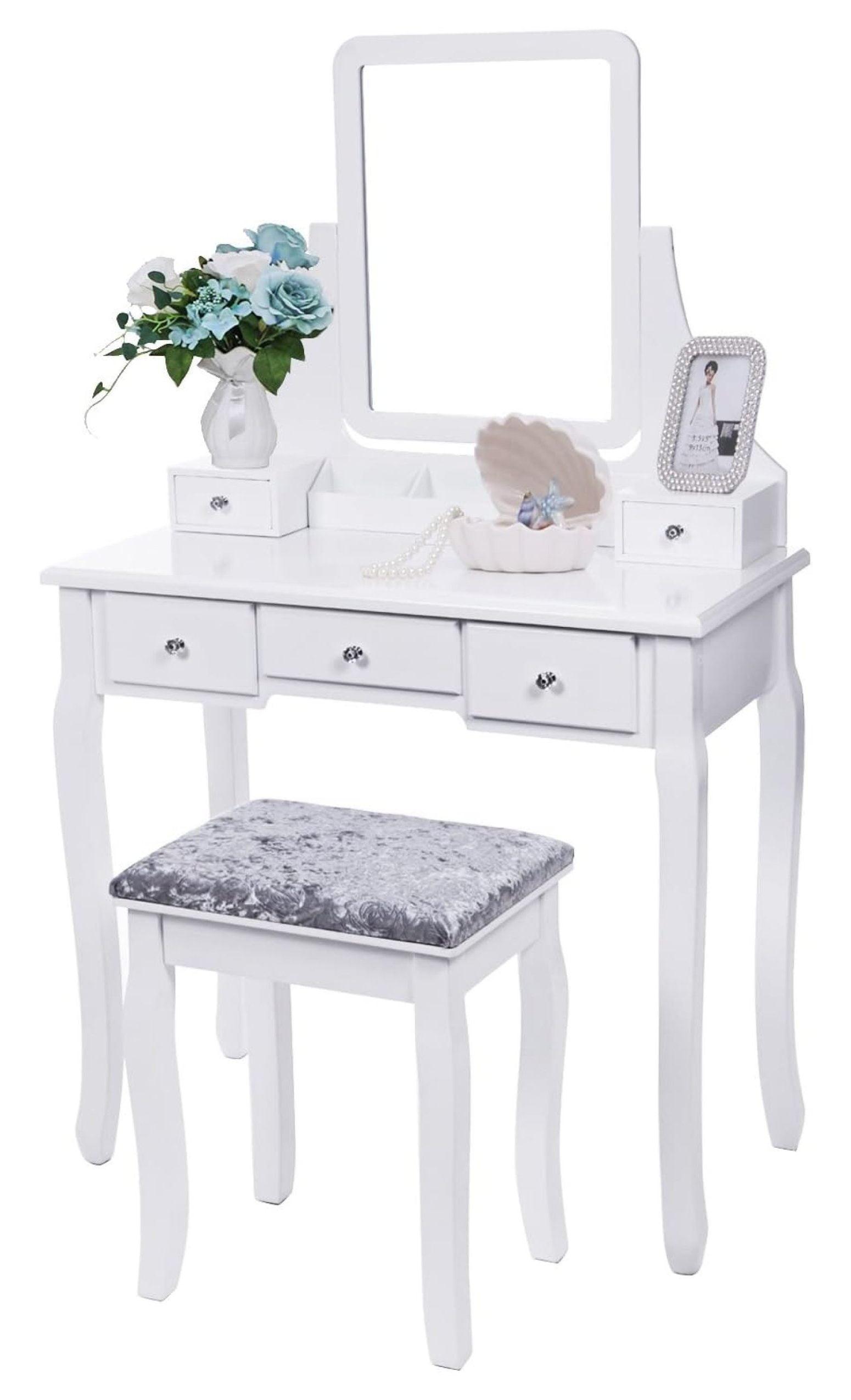 BEWISHOME Vanity Set with Mirror & Cushioned Stool Dressing Table Vanity Makeup Table 5 Drawers 2 Dividers Movable Organizers White FST01W