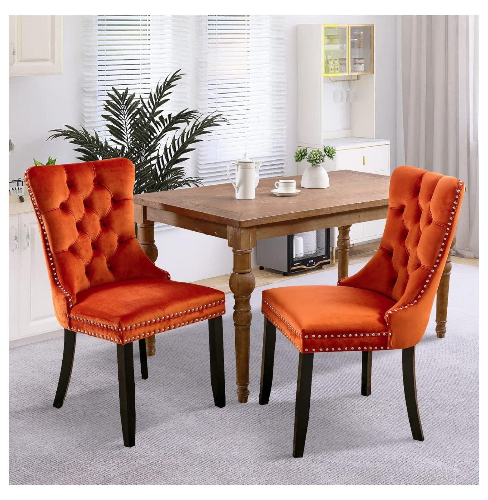 Set of 2 Orange Velvet Tufted Dining Chairs with Wood Legs