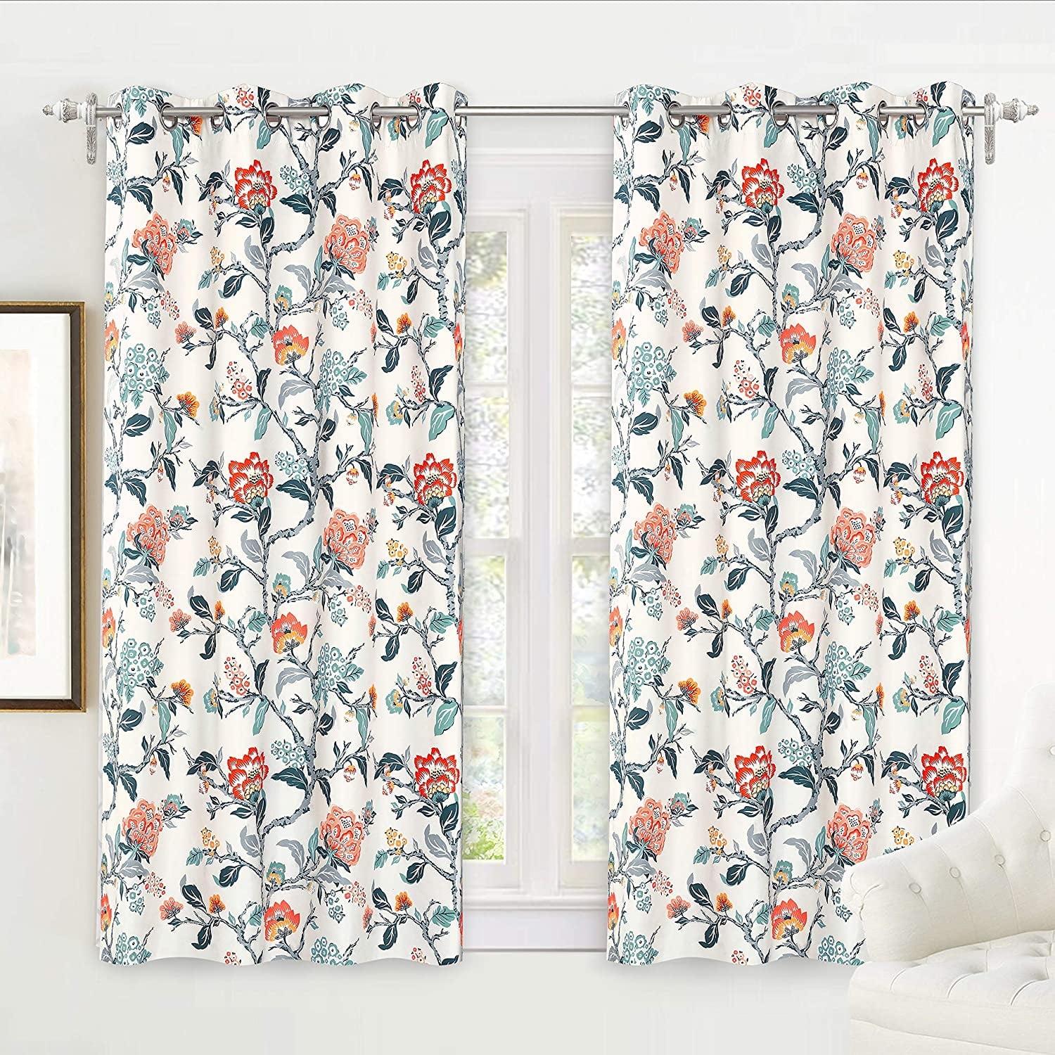 DriftAway Ada Floral Lined Thermal Insulated Room Darkening Blackout Grommet Window Curtains, 2 Panels, 52" x 63", Ivory Orange Teal