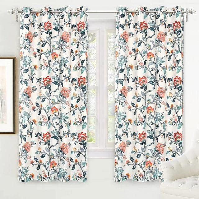 DriftAway Ada Floral Lined Thermal Insulated Room Darkening Blackout Grommet Window Curtains, 2 Panels, 52" x 72", Ivory Orange Teal