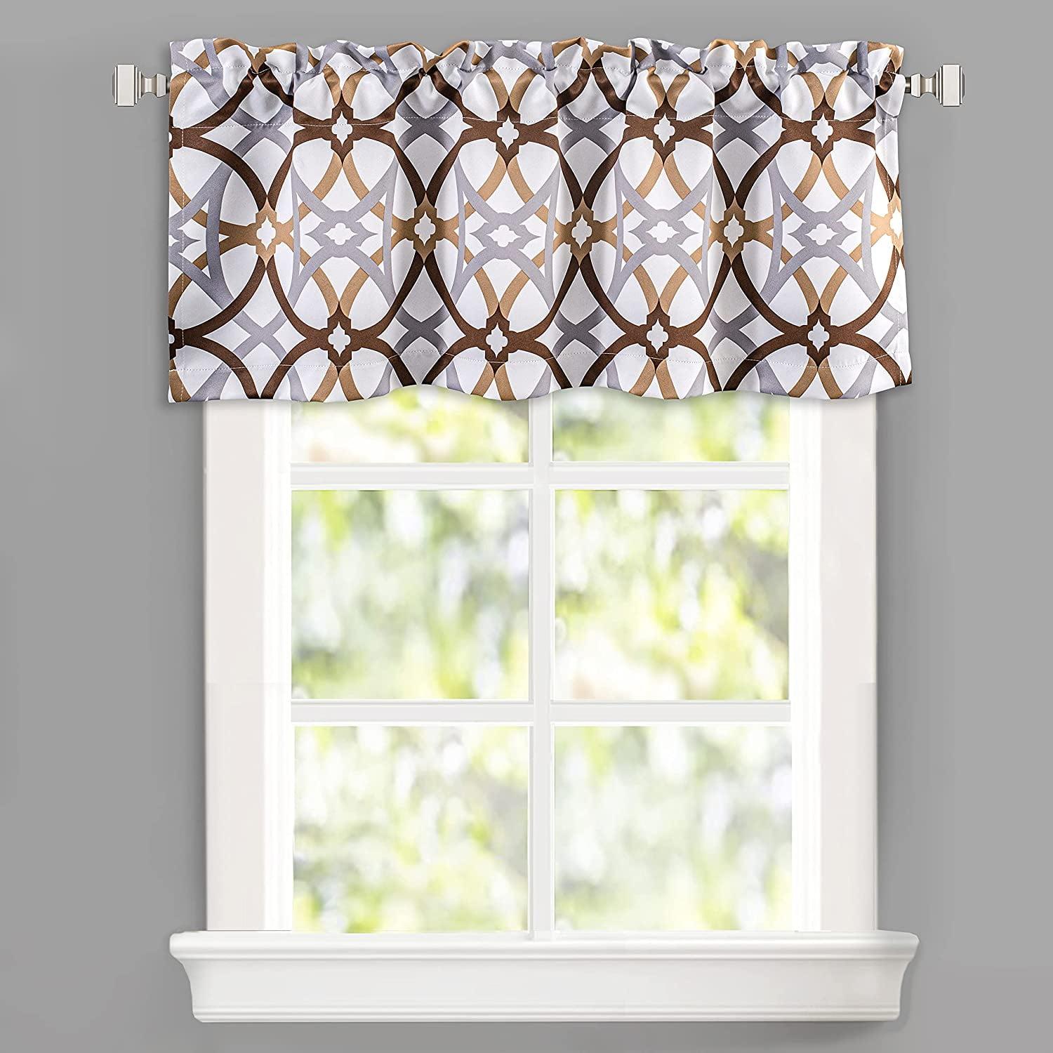 DriftAway Alexander Spiral Geo Trellis Pattern Window Curtain Valance Rod Pocket 52" x 18" Plus 2" Header, Brown, 1 Pack