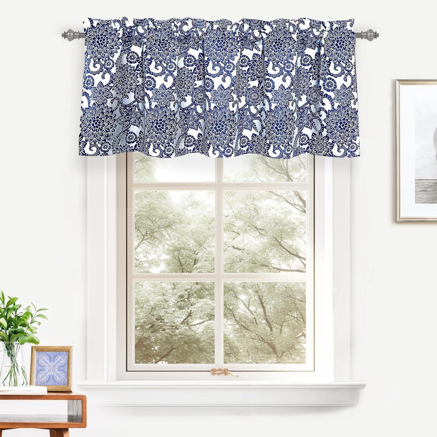DriftAway Daisy Dahlia Blooming Flower/Floral Lined Thermal Insulated Energy Saving Window Curtain Valance for Living Room/Bedroom/Kitchen, 2 Layers, Rod Pocket, 52"x18"+2’’Header (Navy)