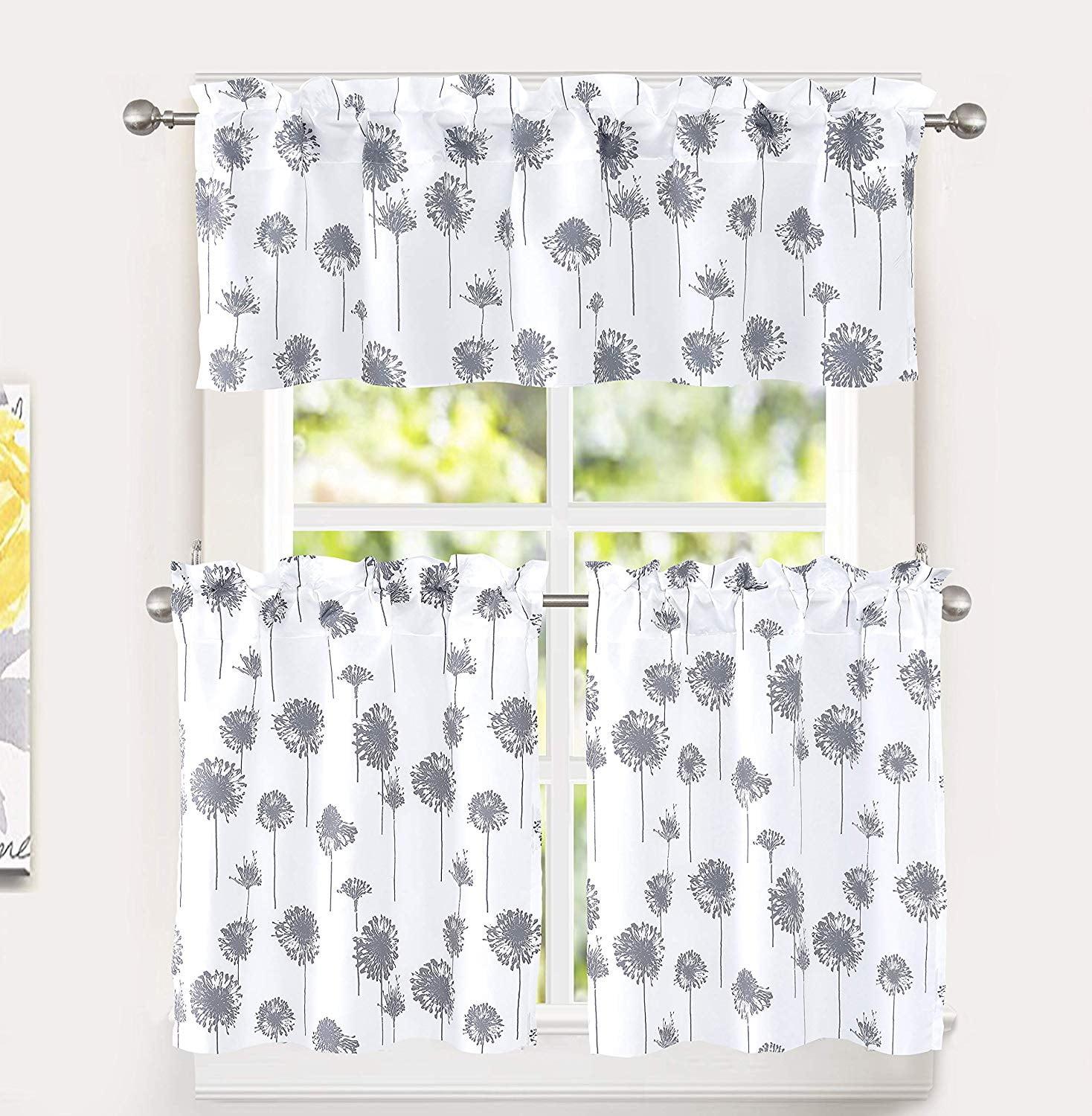 Gray Floral Light-Filtering Polyester Kitchen Tier Curtains