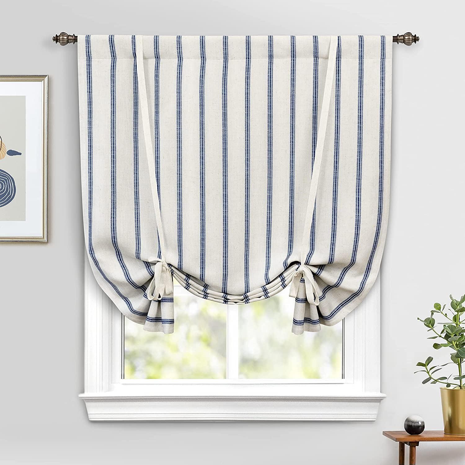 DriftAway Farmhouse Double Layer Linen Blackout Tie Up Curtains Thermal Insulated Vertical Striped Fully Lined Balloon Roman Shade Bathroom Window Adjustable Rod Pocket 25 Inch by 47 Inch Navy