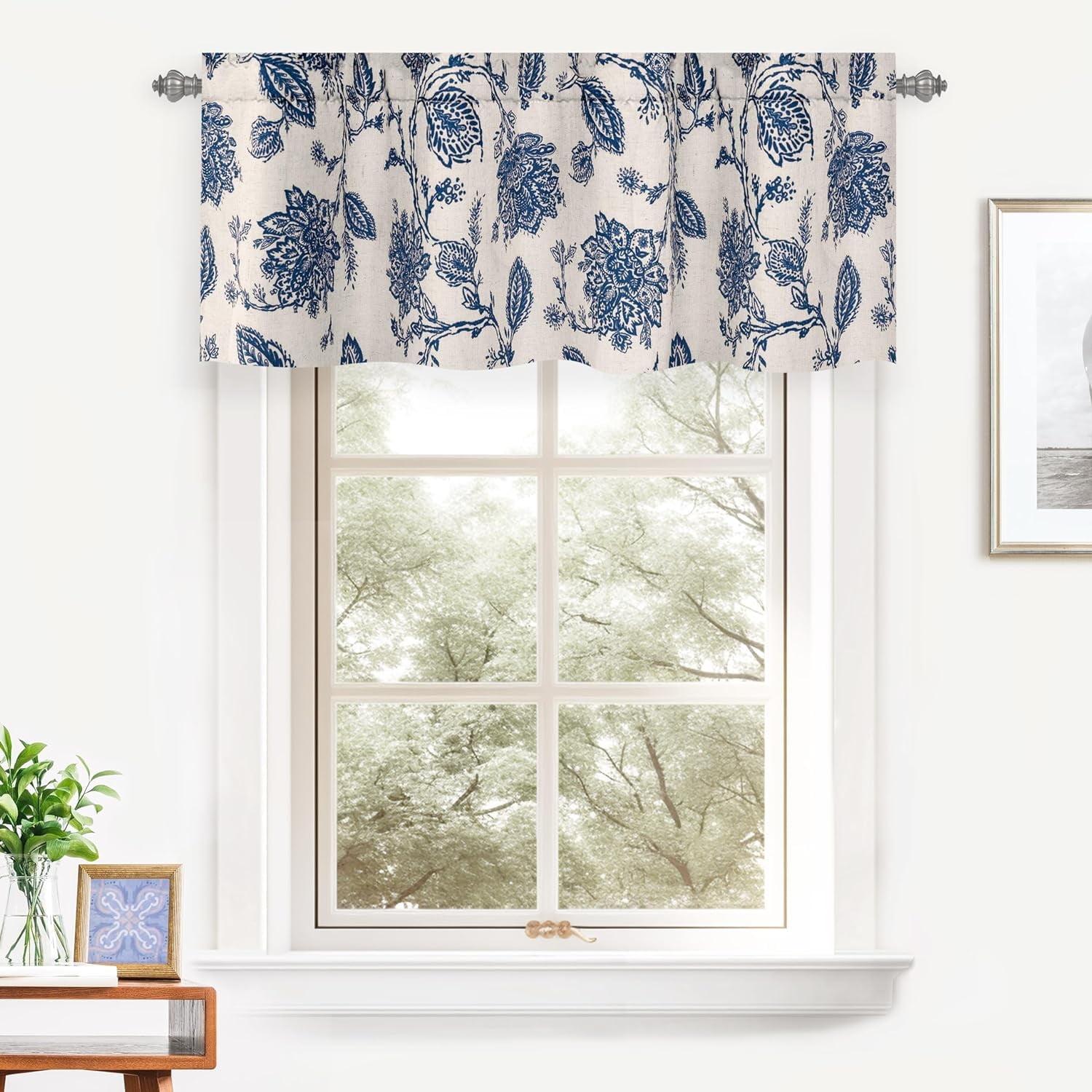 Navy Beige Floral Linen Blend Rod Pocket Valance