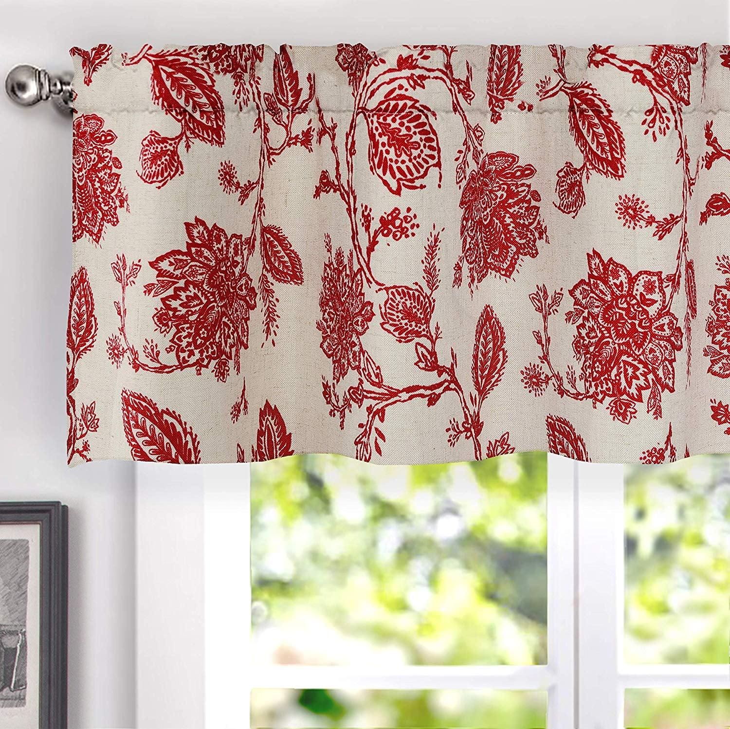 DriftAway Freda Jacobean Floral Linen Blend Blackout Thermal Insulated Energy Saving Privacy Window Curtain Valance Rod Pocket 2 Layers Single 52 Inch by 18 Inch plus 2 Inch Header Red Beige