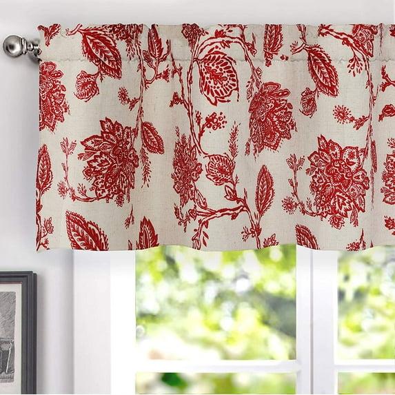 DriftAway Freda Jacobean Floral Linen Blend Blackout Thermal Insulated Energy Saving Privacy Window Curtain Valance Rod Pocket 2 Layers Single 52 Inch by 18 Inch plus 2 Inch Header Red Beige