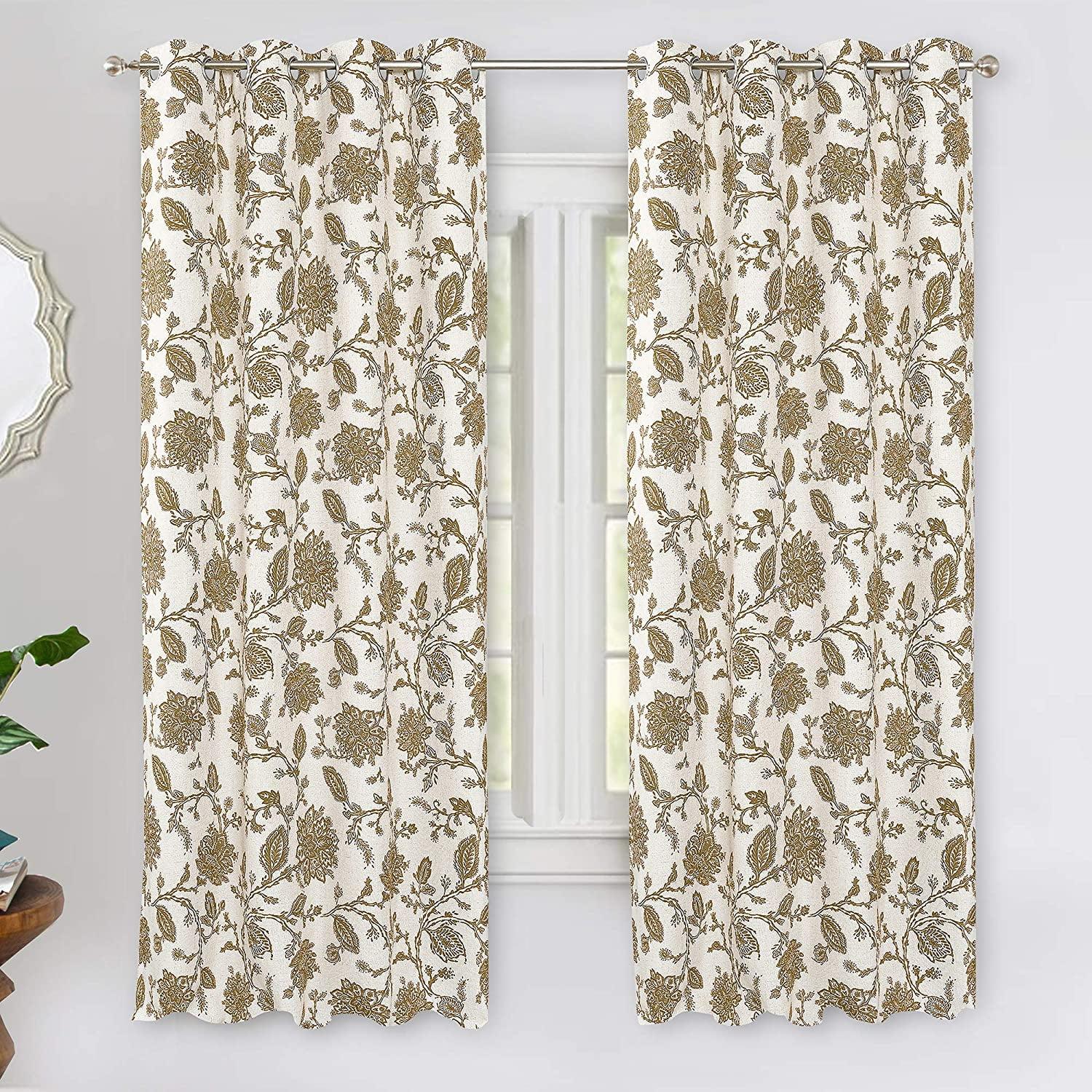 Taupe Linen Floral Blackout Grommet Curtains, 52" x 63"