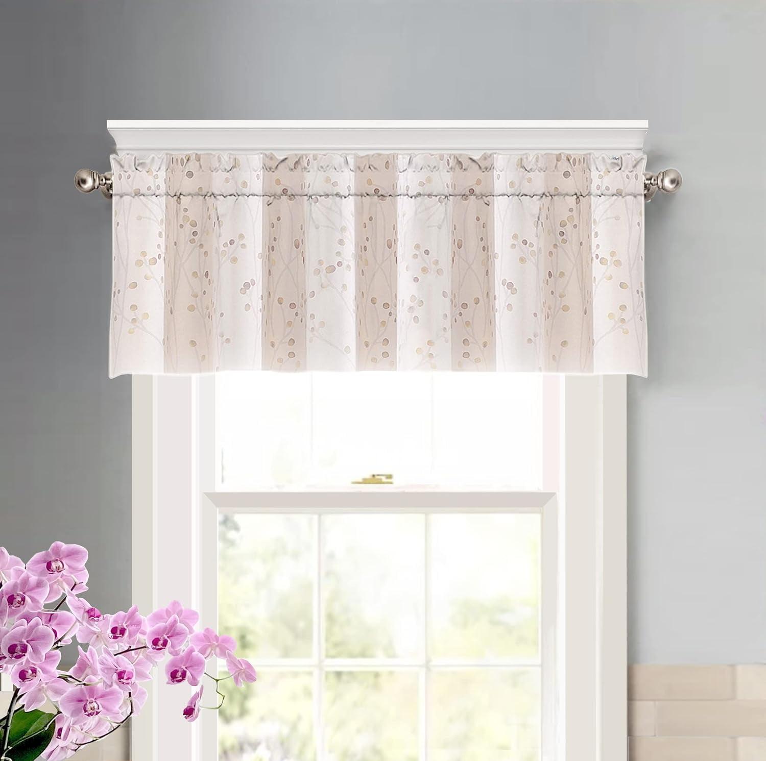 DriftAway Harper Ink Floral Pattern Room Darkening Window Treatment Valance for Living Room Bedroom Rod Pocket 50"x14"+2" Header Beige