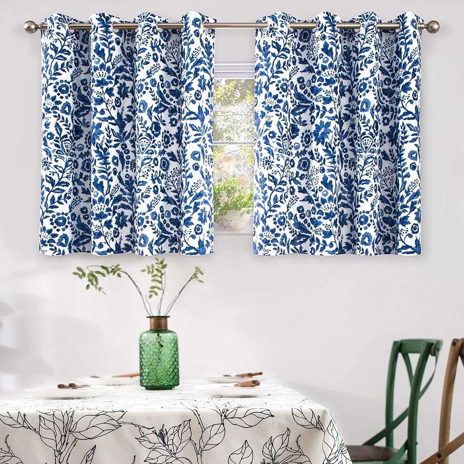 DriftAway Julia Watercolor Blackout Room Darkening Grommet Lined Thermal Insulated Energy Saving Window Curtains 2 Layers 2 Panels 36"L x 52"W Navy