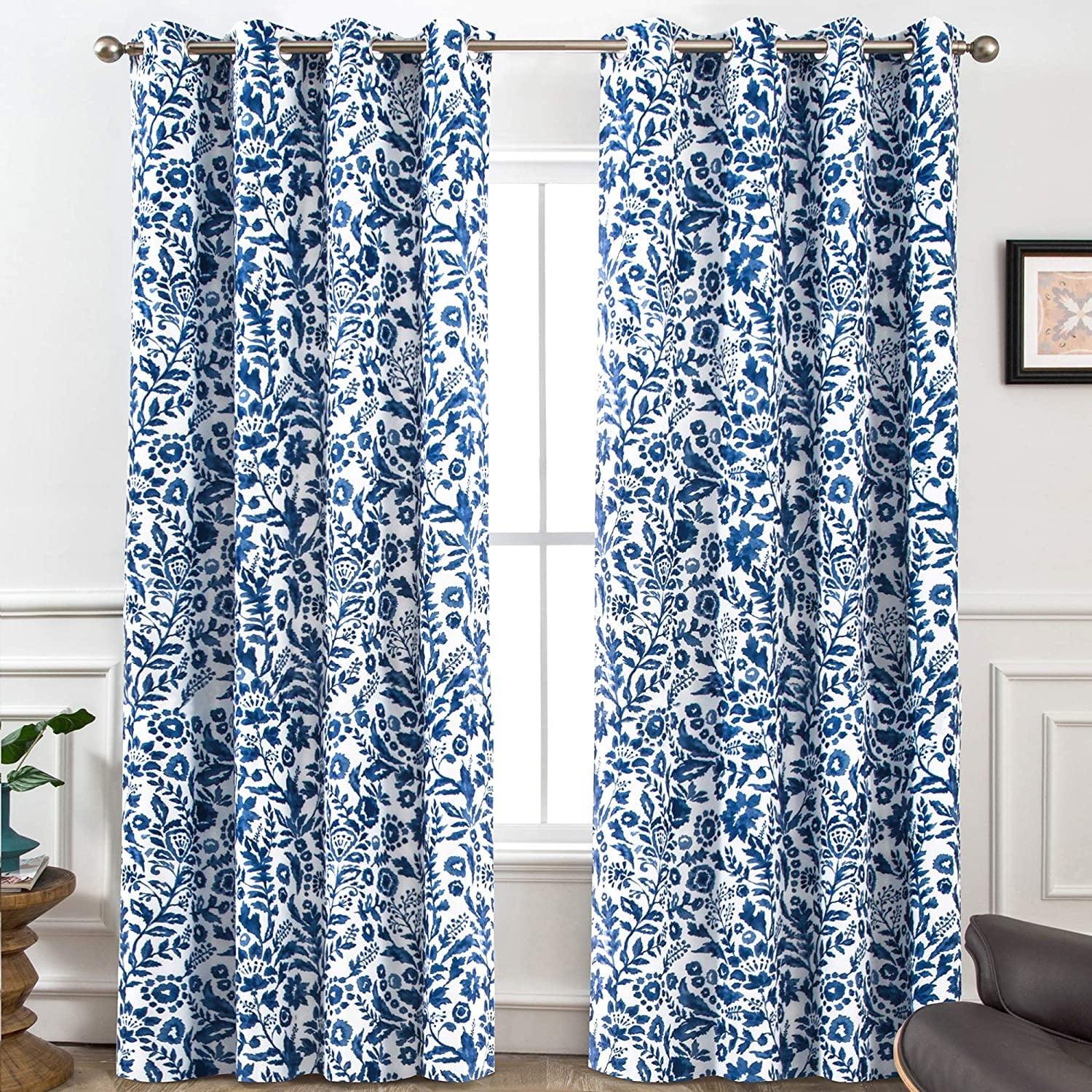 DriftAway Julia Watercolor Blackout Room Darkening Grommet Lined Thermal Insulated Energy Saving Window Curtains 2 Layers 2 Panels Each Size 96"L x 52"W Navy