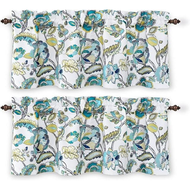 DriftAway Layla Room Darkening Valance for Kitchen Classic America Style Floral Leaves 18 Inch Length Valance for Living Room Bedroom Rod Pocket Window Treatment 52x18 White Seafoam Gray 2 Pack