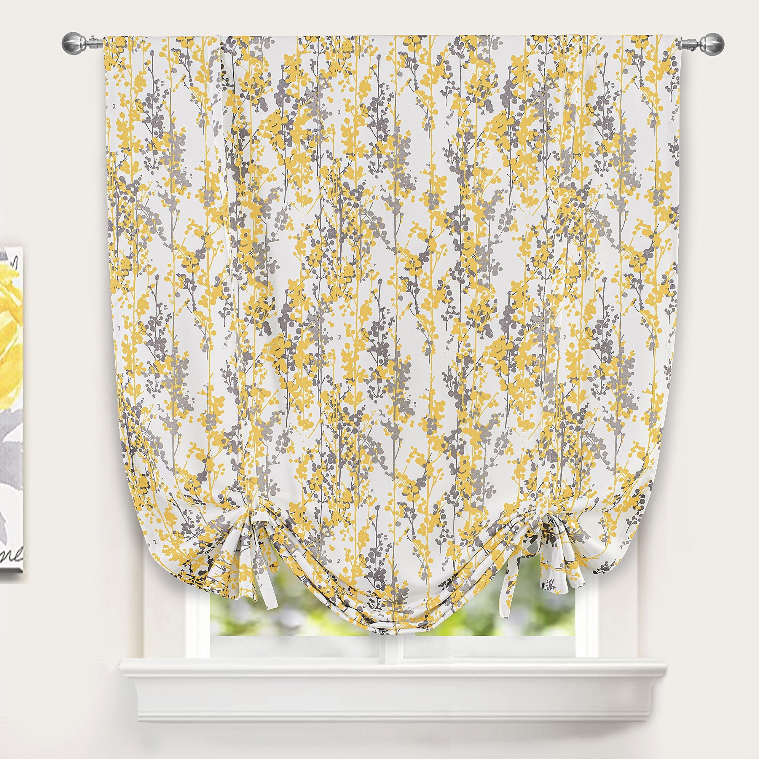 Leah Golden Yellow and Gray Floral Tie-Up Curtain 45" x 63"