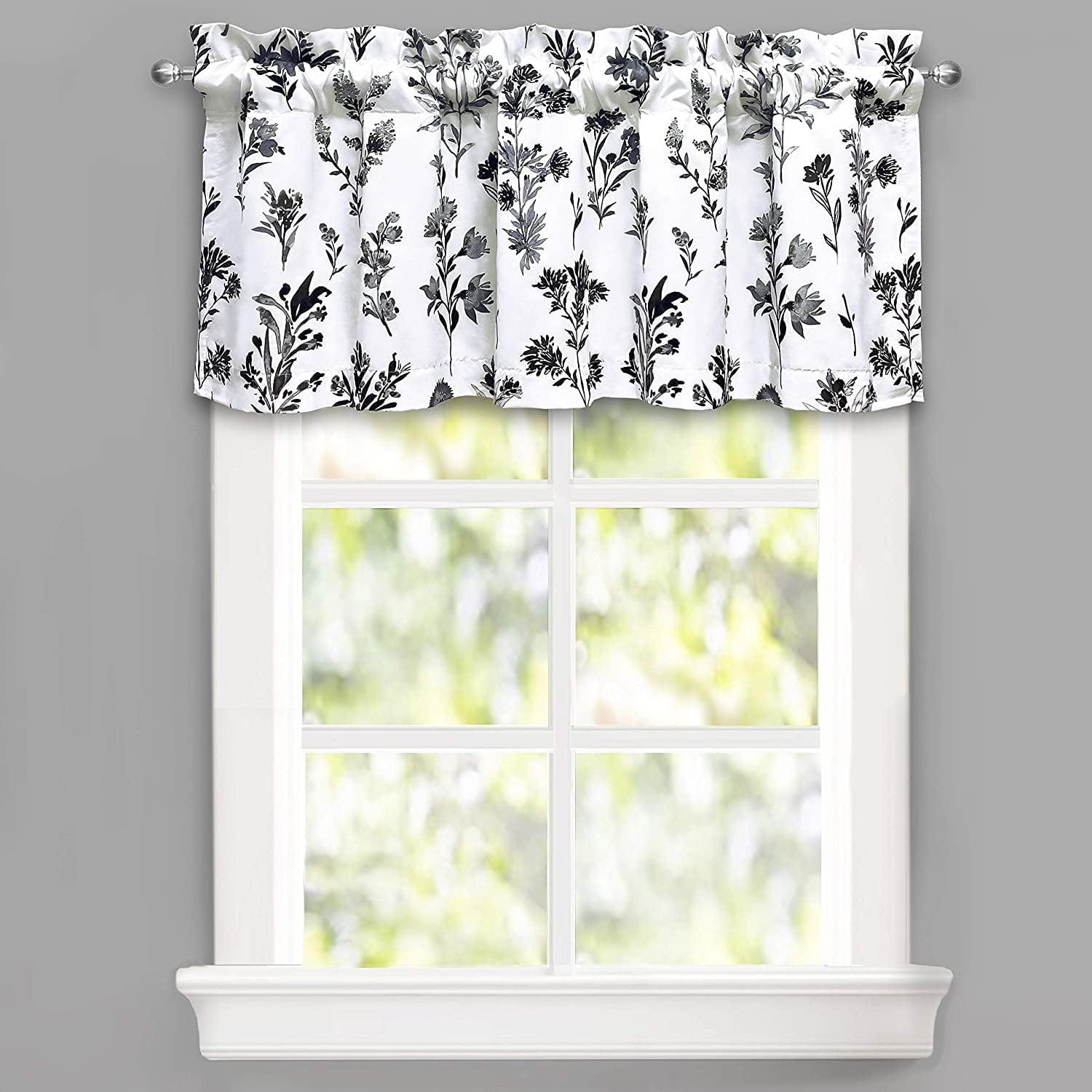 DriftAway Sylvia Floral Botanical Herbs Watercolor Printed Pattern Lined Blackout Thermal Insulated Window Curtain Valance Rod Pocket Single 52" x 18" Plus 2" Header Black White