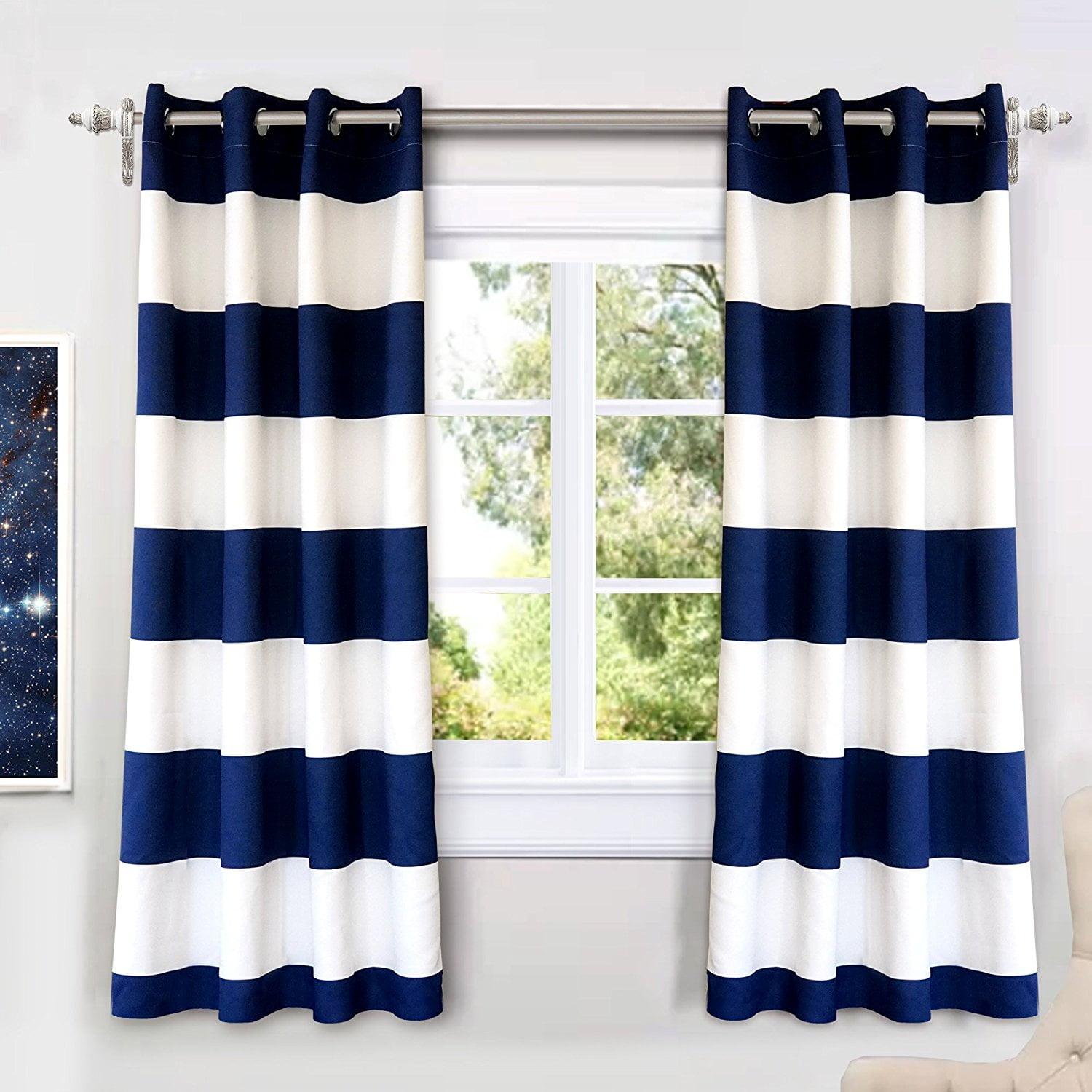 Driftaway Mia Stripe Room Darkening Grommet Unlined Window Curtains, Set Of Two Panels, Each 52"X63" (Navy)