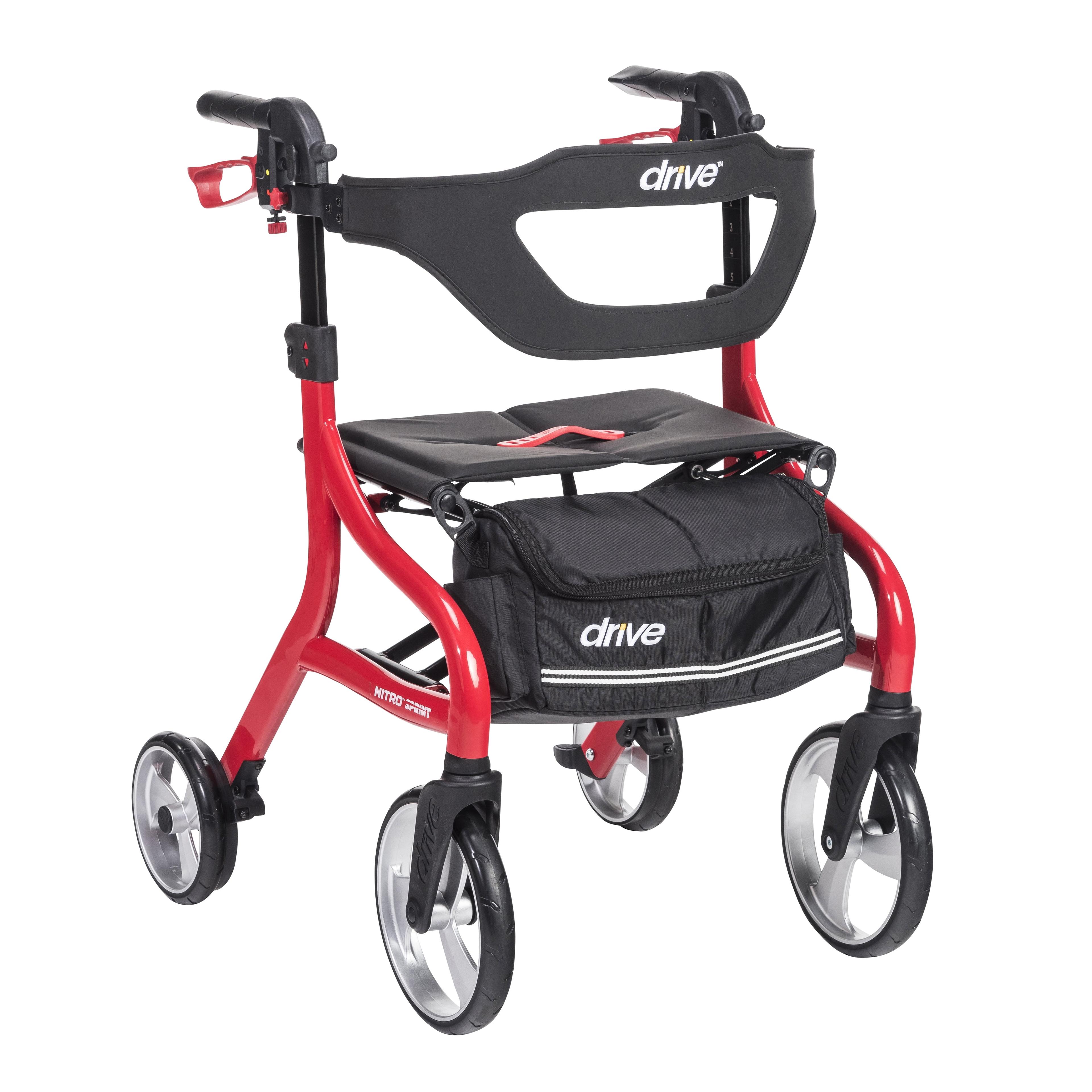 Red and Black Aluminum Rollator Walker with Storage Bag