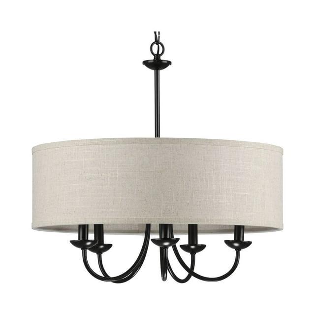 Progress Lighting, Drum Shade Collection, 5-Light Pendant, Black Finish, Harvest Linen Shade