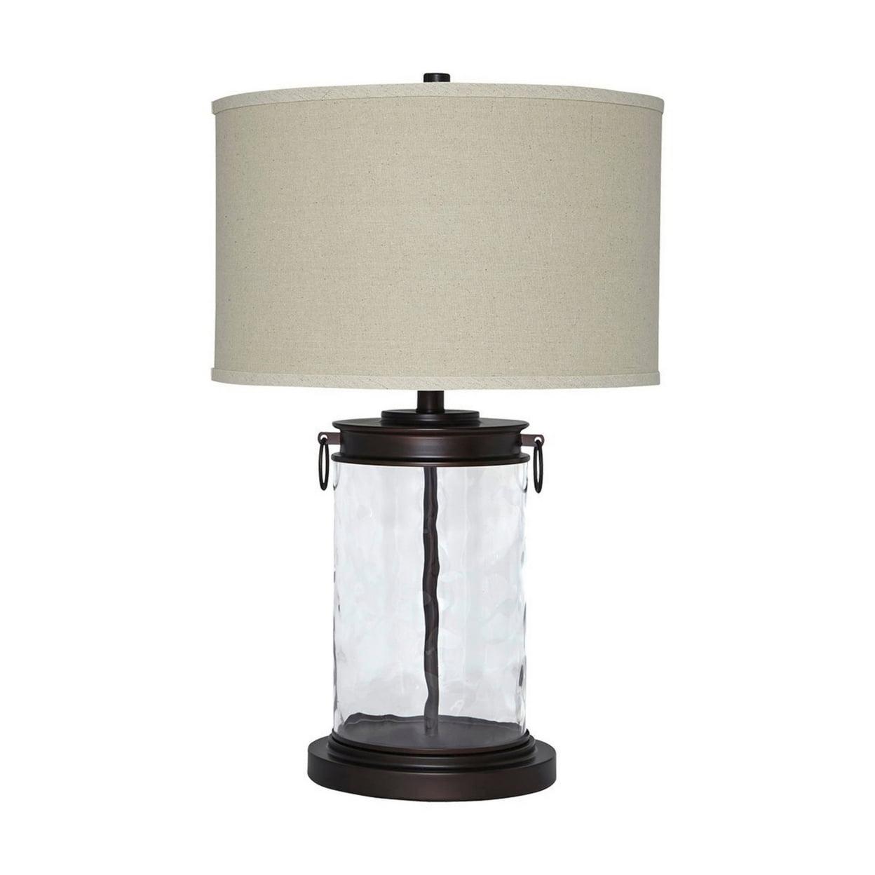 Transitional Bronze Table Lamp with Drum Shade and Glass Base