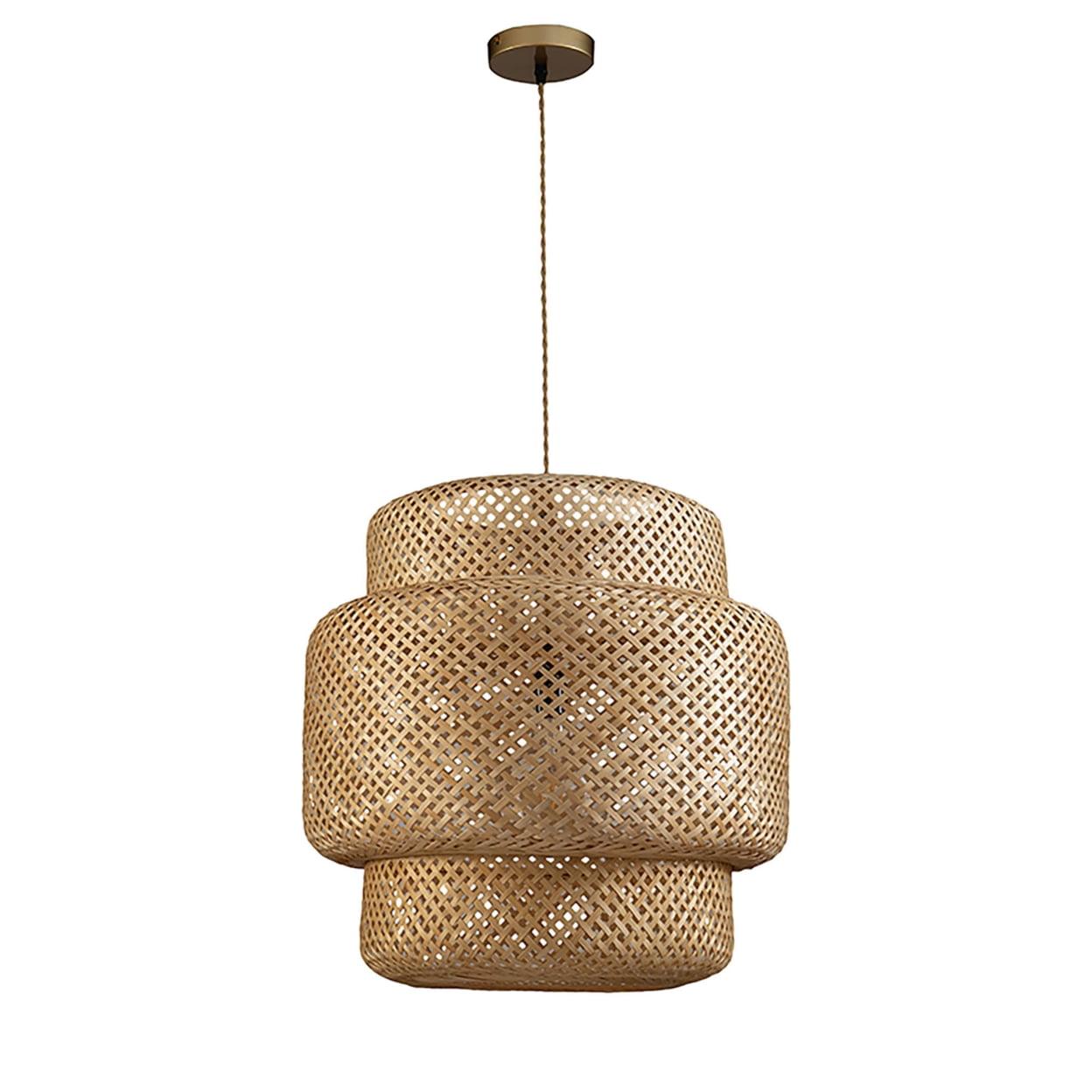 Handcrafted Brown Rattan Three-Tiered Drum Pendant Light