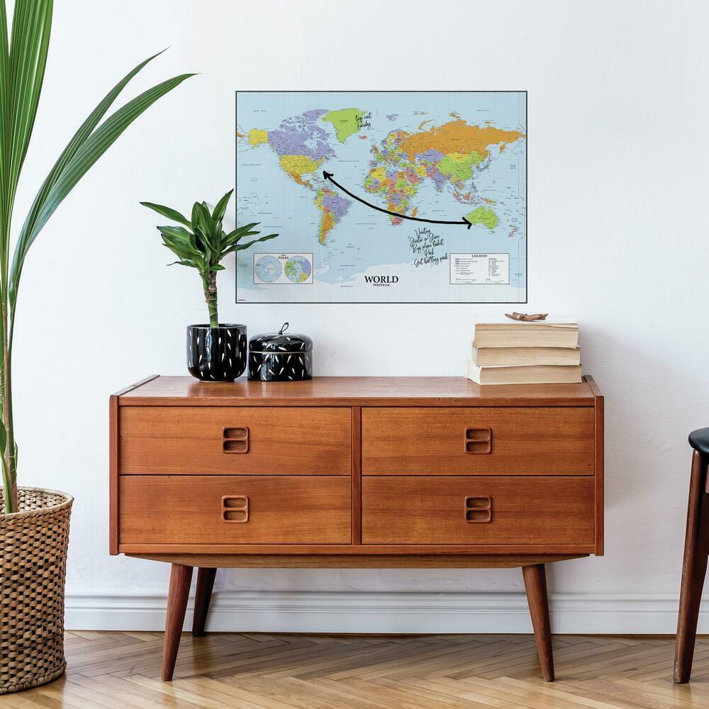 Dry Erase Map Of The World Peel and Stick Giant Wall Decal - RoomMates: Vinyl Self-Adhesive Modern Decor