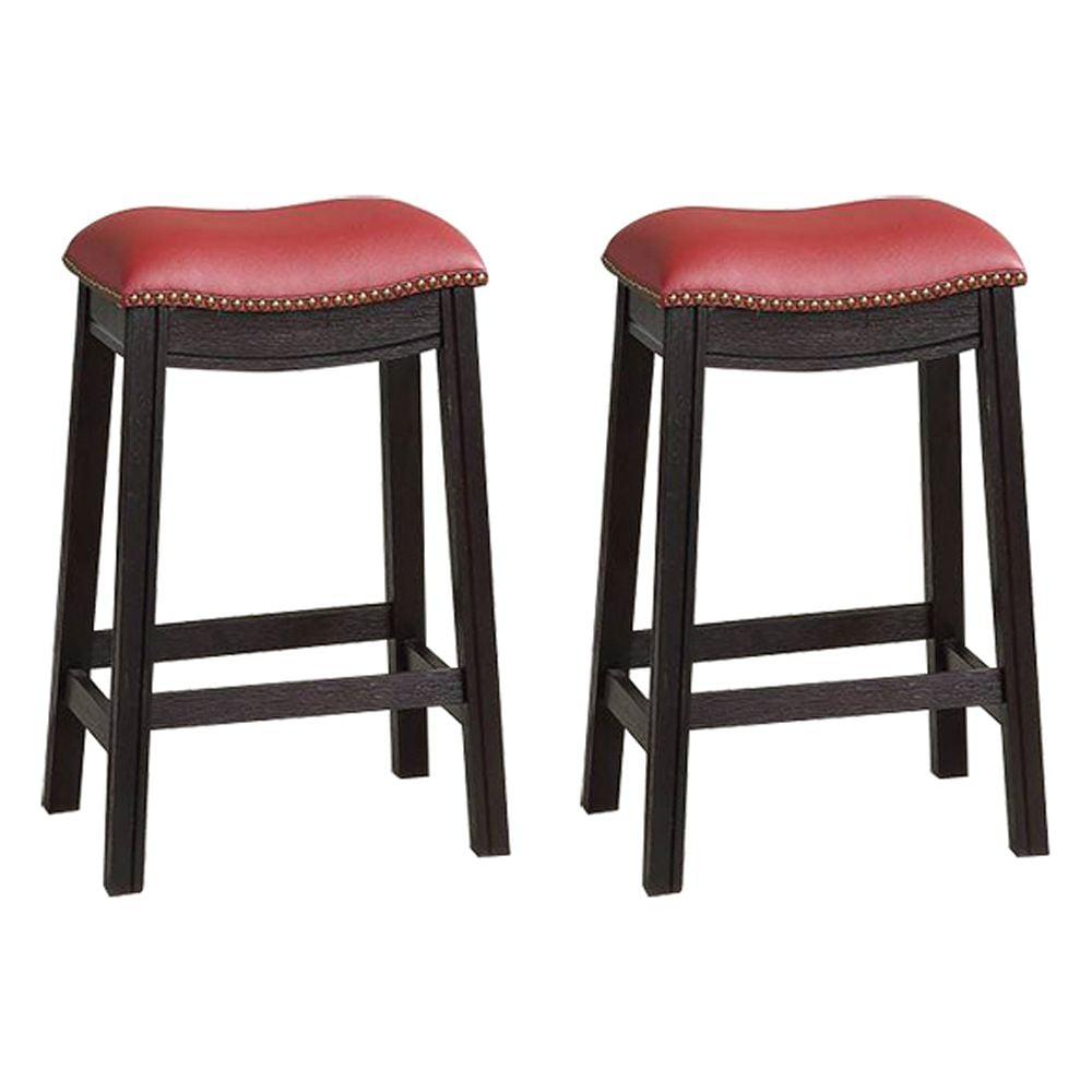 Rustic Saddle-Style 24" Wood & Leather Bar Stool in Wine Red