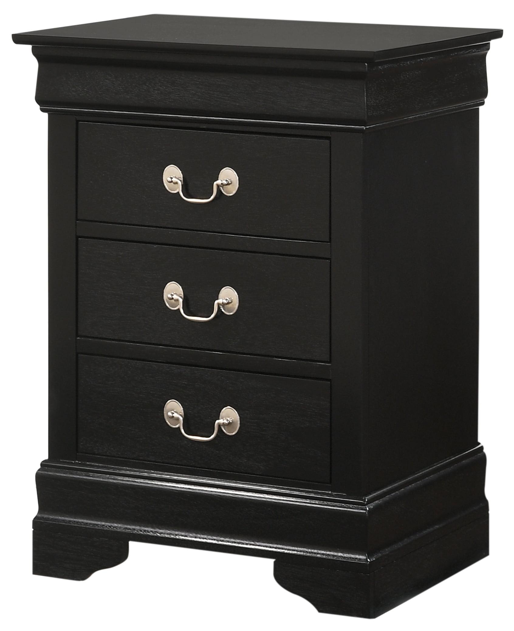 Transitional 3-Drawer Rectangular Nightstand in Black Wood with Metal Handles